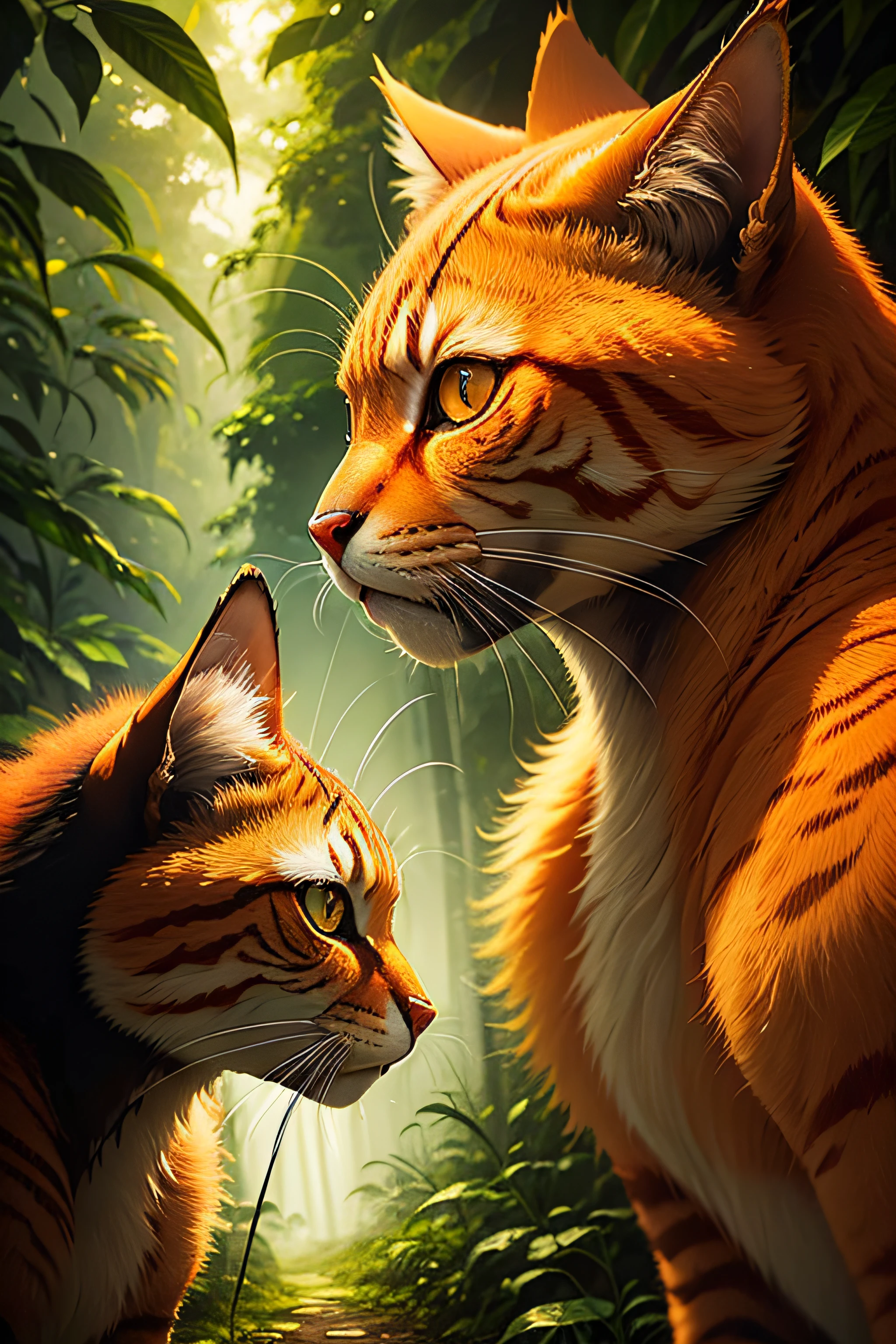 Artistic montage of the Amazon rainforest and some forest insects in transparency effect with hairy orange cat profile and expressions of anger. Green fluoride vegetation