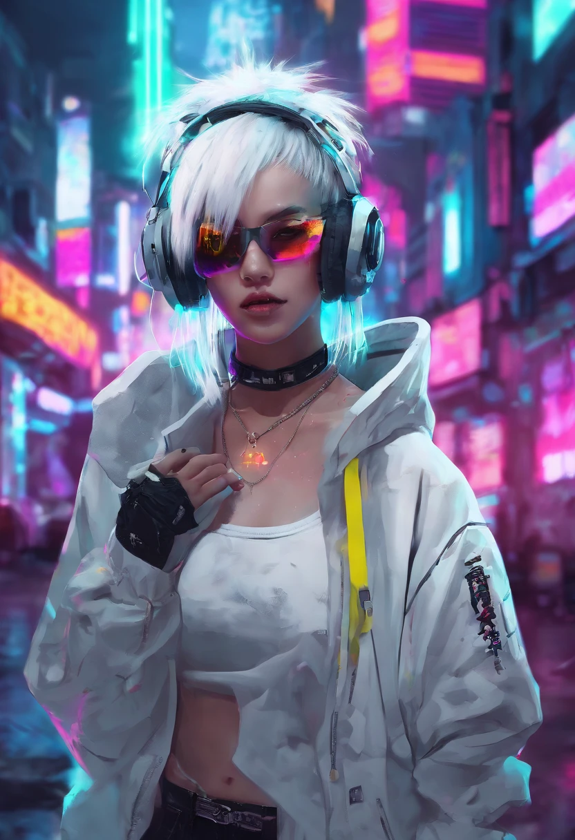 super detailed, Panda-headed girl in white T-shirt in the cyberpunk town of Takatsuki. white hair, amarelo colourfull