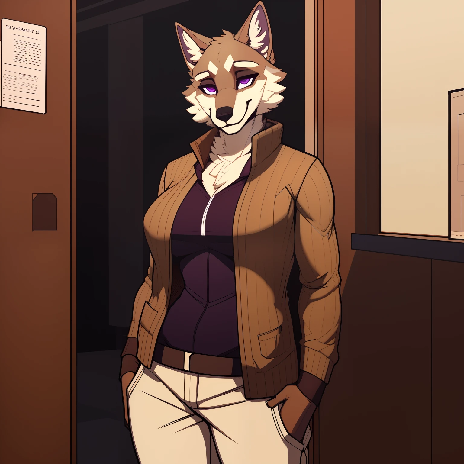 Athletic_Mature_timberwolf full_breasts female brown_furry_body purple_eyes very_fluffy cardigan pants solo Masterpiece best_quality absurdres highly_detailed cleanly_drawn_eyes anthro_only embarrassed_smile by_claweddrip, by_greasymojo, by_underscore-b, by_runawaystride