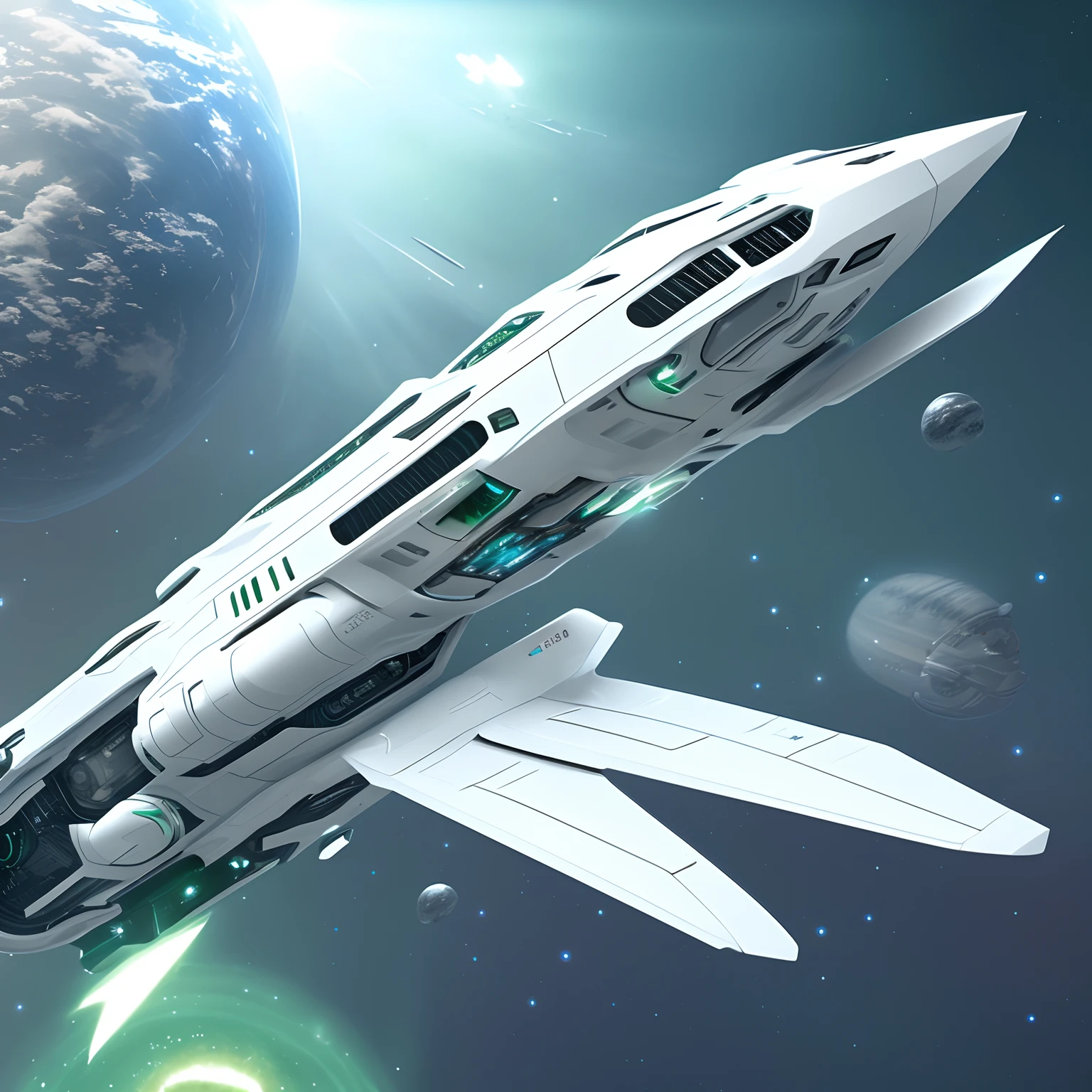 1 Long white spaceship with green-blue accents, in outer space, Futurism, hyper realisitc, Noochnaya fiction, higly detailed