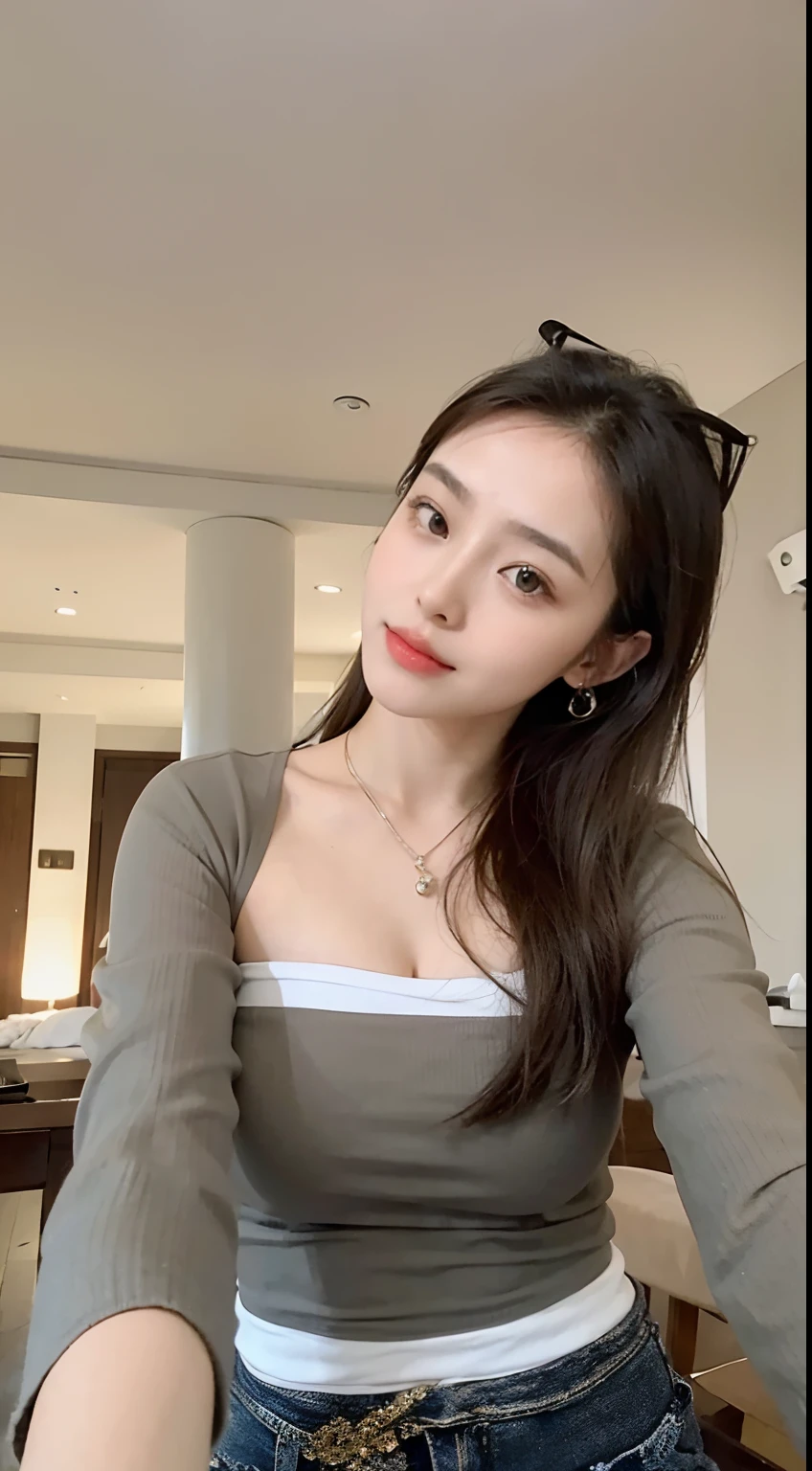 pretty woman, short hair, boy's short hair with white brown hair, con rulos en las puntas, all her hair white brown, with a star clip in her white brown hair, ojos de color claro, ojos bonitos, ojos llorosos, nariz bonita y respingada, nariz lloroso, labios bonitos, labios rosas, heart and cupid shaped lip, piel bonita, pale, piel blanca, con lunares y pecas en todo el rostro, rubor rosa suave en las mejilla, rubor rosa natural, maquillaje suave y rosa, boy, cuello bonito, cuello marcado, frown, mirada tierna, con un collar de beso, un collar bonito de beso, parecido a Yumeko Jabami, mientras lleva puesto un Crochet YK2, with a YK2 style brown mini skirt, mientras tiene el abdomen desnudo, delgado, marcado y bonito, (pechos grandes, pechos suaves, pechos bonitos), mientras esta haciendo cospaly del personaje Yumeko Jabami, del anime Kakegurui, mirando a la camara, autofoto, selfie bonita