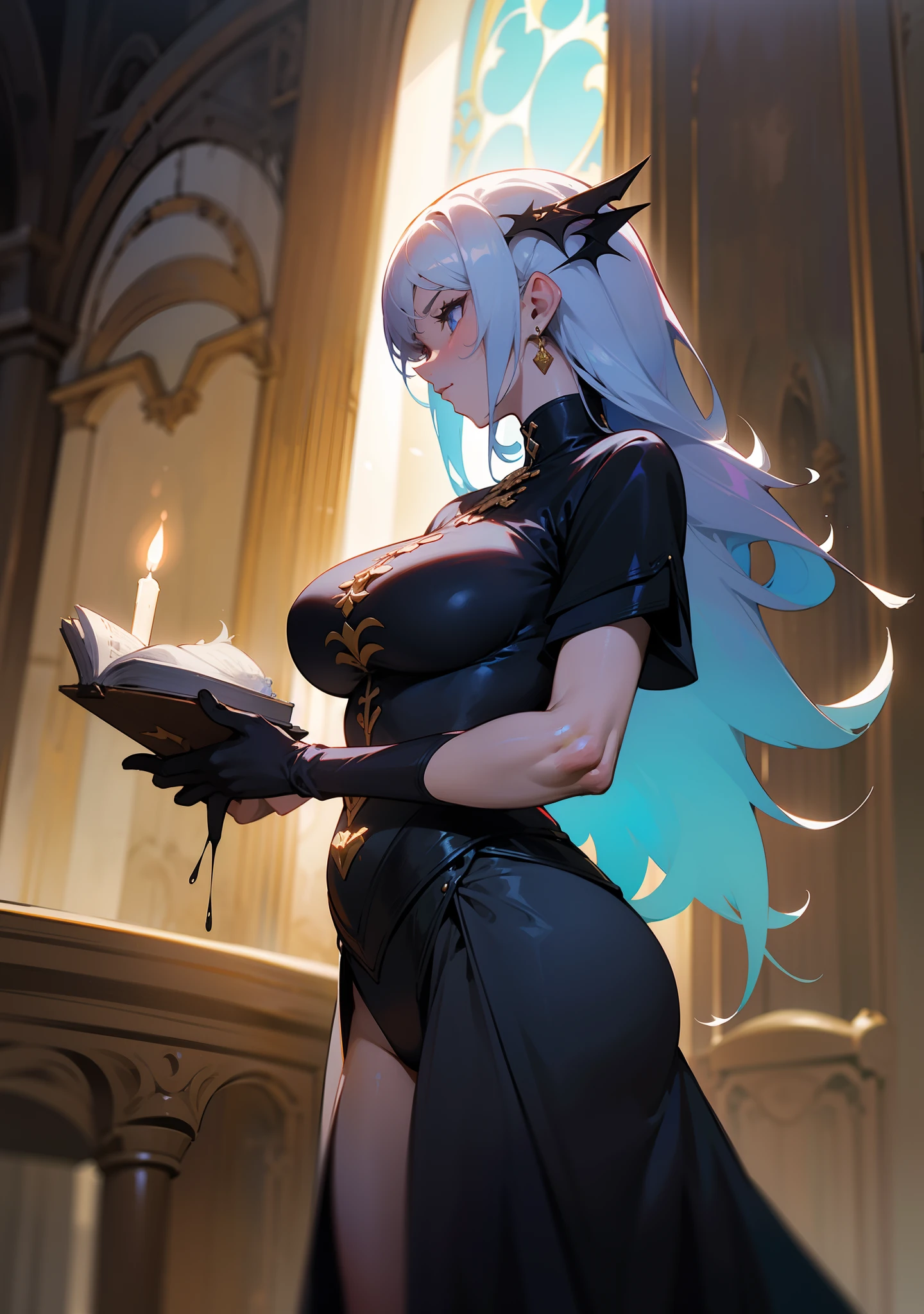 ((woman with long gray hair with two ponytails and red eyes))((chubby)),((with round glasses, standing with legs open in the form m)),((holding a book)),(( facing the spectator)),((giant breasts, naked breasts, with a transparent outfit)),((smiling face)),((in a biblical story of a haunted castle, at night)),