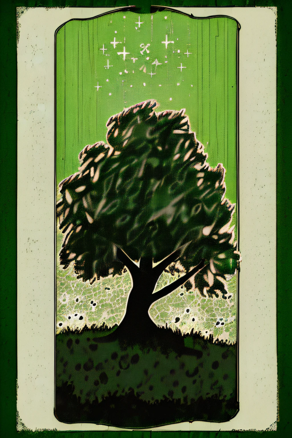(particle texture:1.6), Divisionism, simple, (thick white outline:1.4), impasto, (limited palette, green), anaglyphy, (relief craft), backlight, silhouette, green and black, noline art, monochrome:2 , partially colored, (alternate color):1.4, black shadow, smoke:1.2 ((black) tree) , (green deer),white deer, city