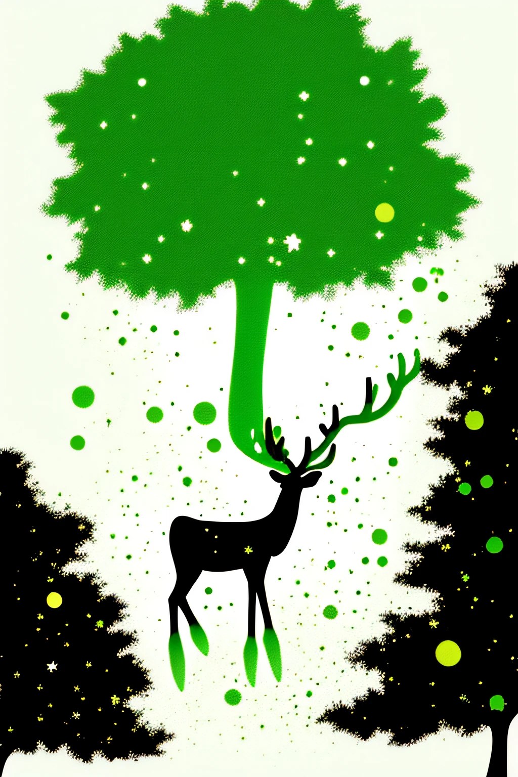 (particle texture:1.6), Divisionism, simple, (thick white outline:1.4), impasto, (limited palette, green), anaglyphy, (relief craft), backlight, silhouette, green and black, noline art, monochrome:2 , partially colored, (alternate color):1.4, black shadow, smoke:1.2
((black) tree) , (green deer),white deer, city