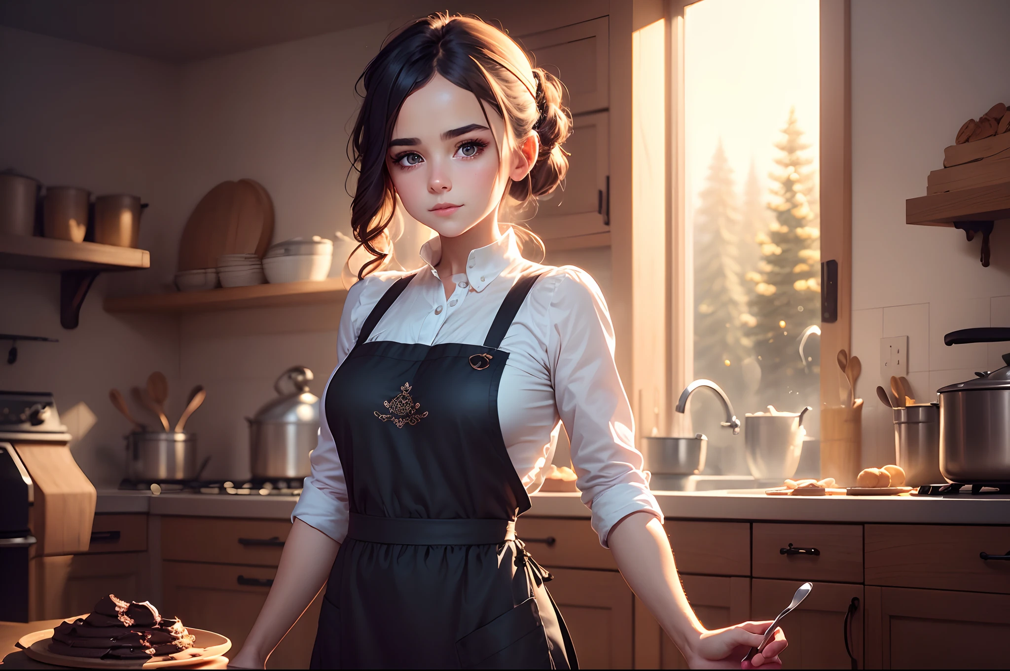 A girl wearing a beautiful dark apron, dark moody background, dark looks, baking a chocolate cookies, beautiful topping on cookies, dark light effects masterpiece collection award winning artwork, 8K rendered