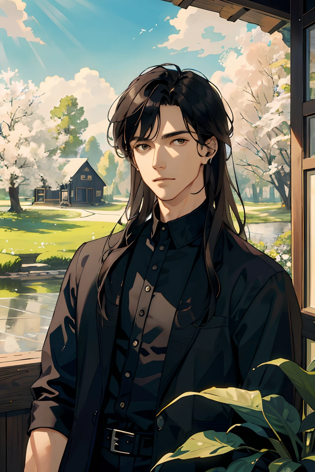 Masterpiece, Excellent, Solo, Adult, Delicate Eyes and Exquisite Face, Intricate Details, Upper Body: 1.2, Willow Trees, Reflections, Sunlit Clouds, Tranquil Atmosphere, Wooden House Background, black shirt, Black Hair, brown Eyes, ((Long hair Ear, adult, mature,, Handsome, Wooden House Background, Day,,Summer, Depth of Field, Very Detailed Face, Fantasy, Mythology,, abs
