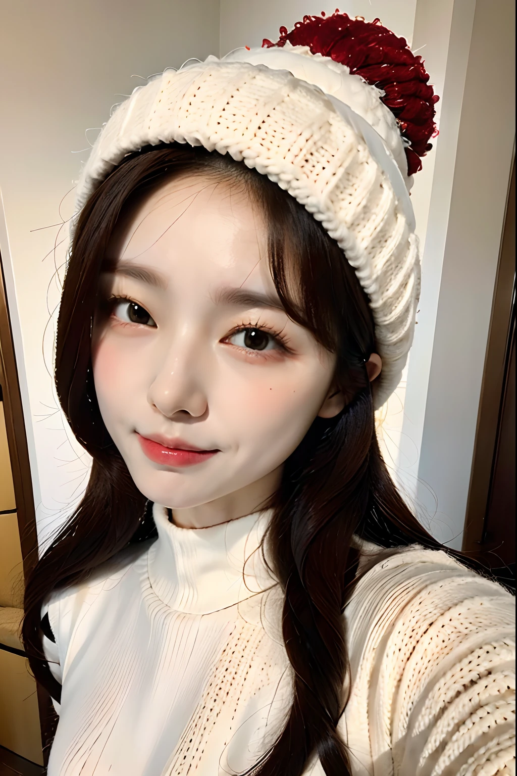 white  shirt、Pom pom knitted hat、8K、top-quality、masutepiece、small nose、Smirking expression