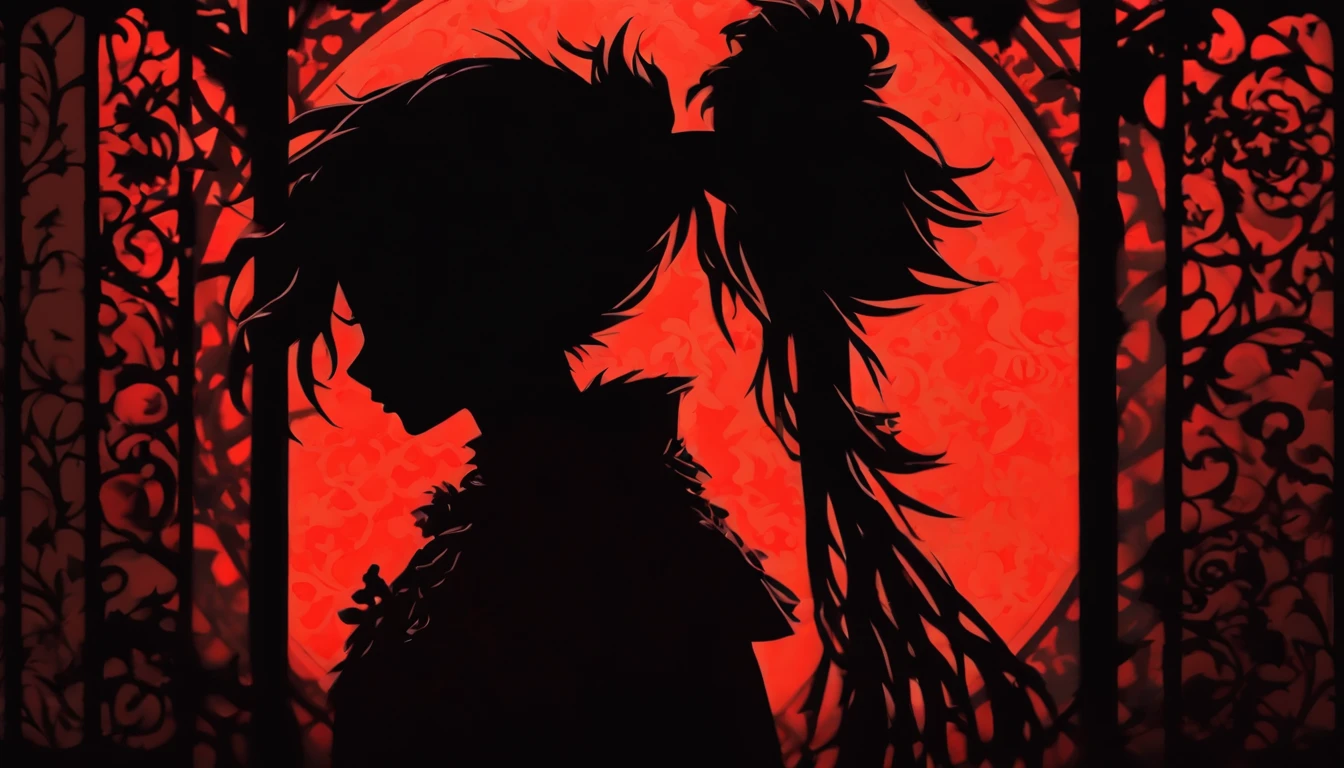 (Silhouette Art,cutouts:1.6) (((Paper cutting art,A world where only red exists:1.3) (Cowboy Shot),1 girl、Solo, (doress, profile:1.2),white, Clear and beautiful face,Romper (red moon) Textured glass background,World of Tarot Cards、Angles that show the whole person