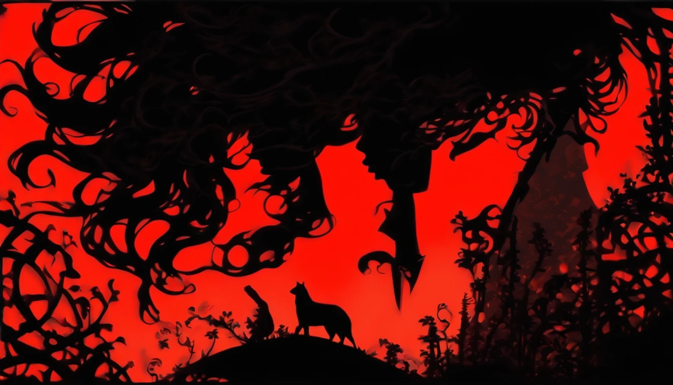 (Silhouette Art,cutouts:1.6) (((Paper cutting art,A world where only red exists:1.3) (Cowboy Shot),1 girl、Solo, (doress, profile:1.2),white, Clear and beautiful face,Romper (red moon) Textured glass background,World of Tarot Cards、Angles that show the whole person