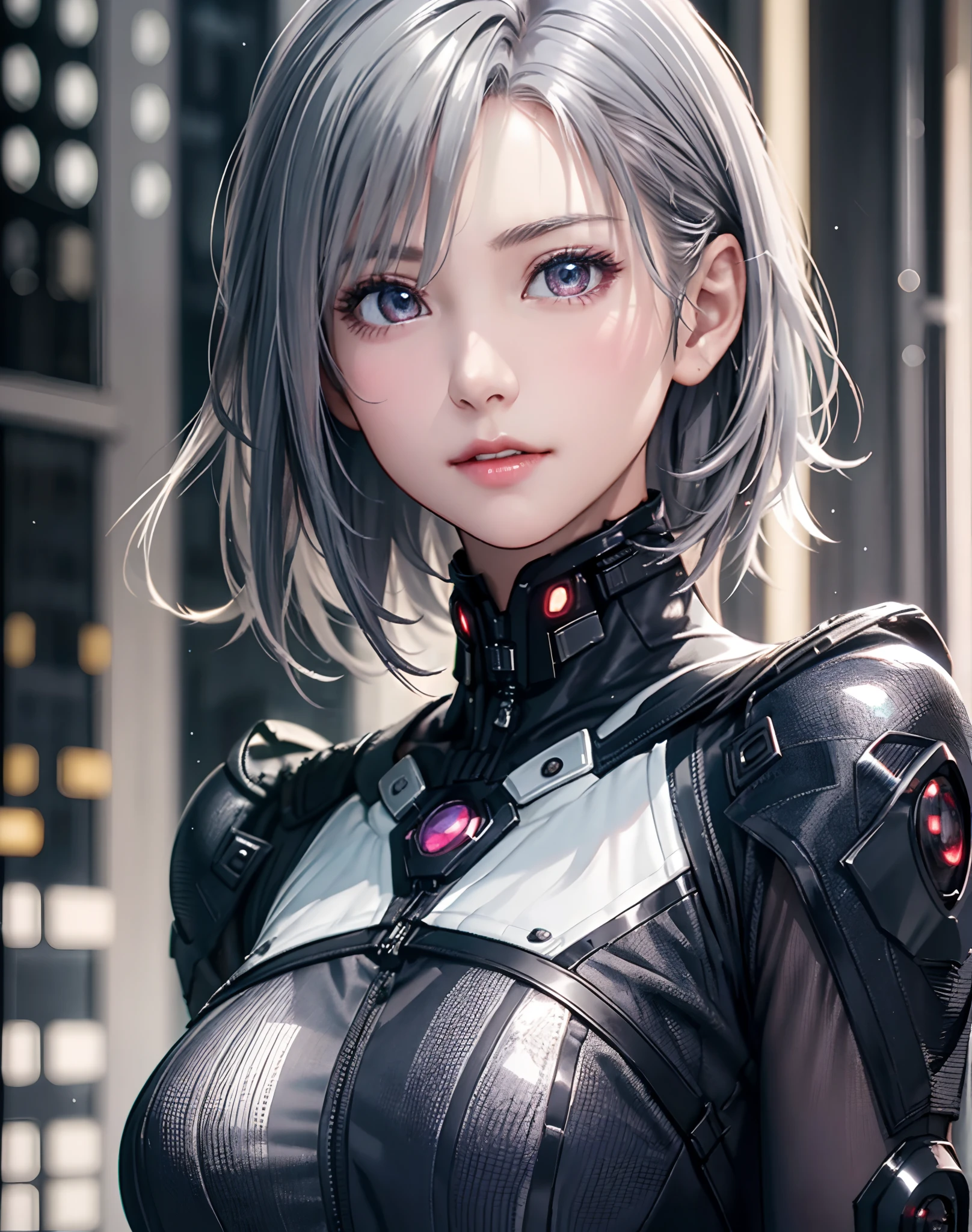 (8K, Photorealistic, Raw photo, of the highest quality: 1.3), (1girl in), Super beautiful, (Realistic face), (boyish, Silver Color Berry Shorthair), Beautiful cyberpunk suit, Glare that captivates the viewer, Beautiful expression, Beautiful breasts, (Realistic skin), Beautiful...