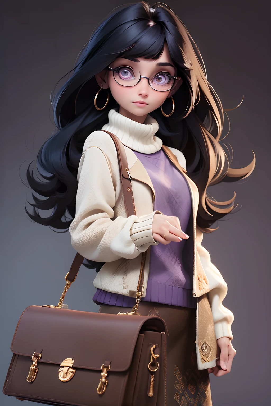 masterpiece, best quality, 8k, official art, cinematic light, ultra high res, 1girl, mature, solo, jewelry, earrings, glasses, skirt, long hair, bag, looking at viewer, hoop earrings, sweater, white sweater, dark blue hair, purple eyes, brown background, jacket, brown skirt, sleeves past wrists, turtleneck, long sleeves, holding, brown jacket, brown nails, handbag, Blunt Bangs