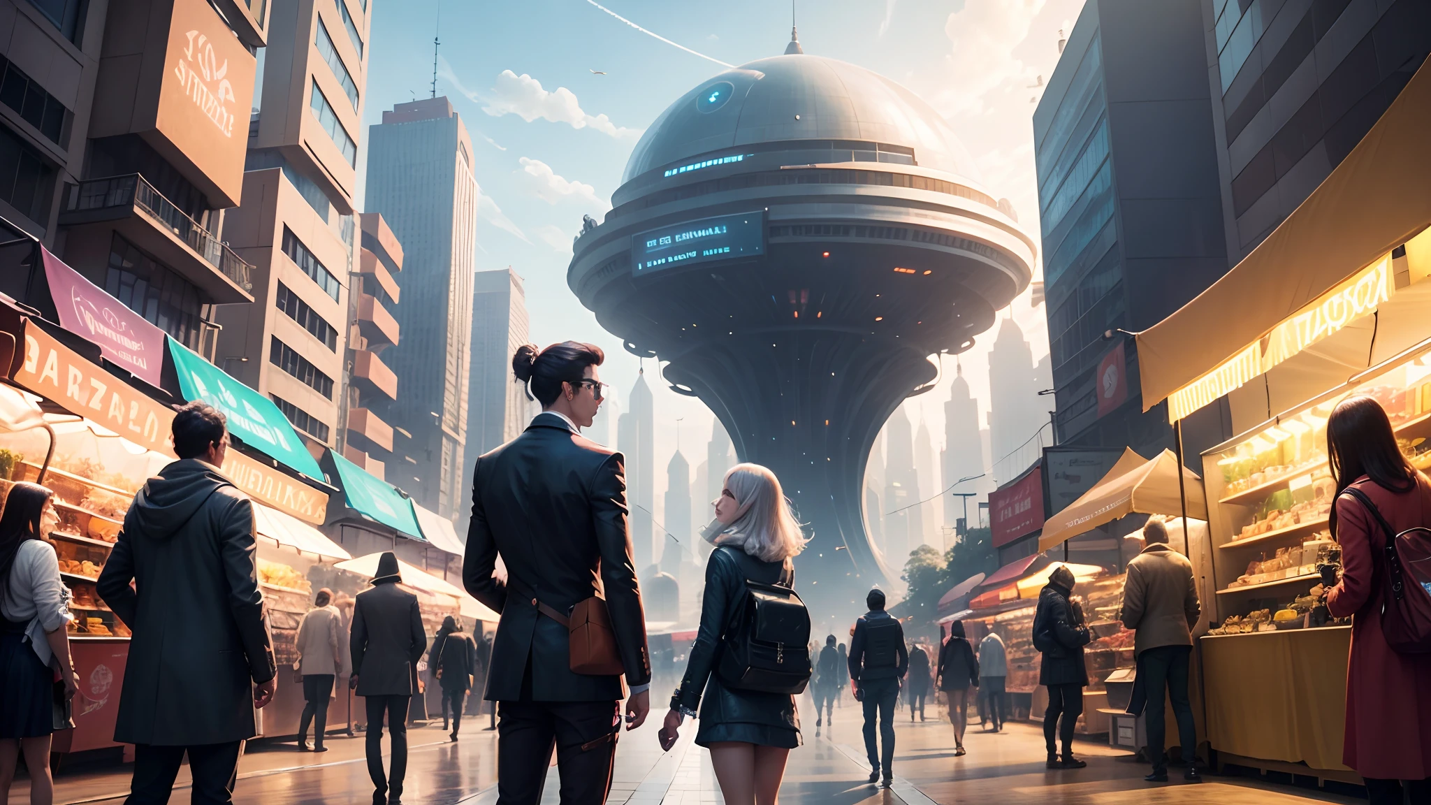 "Time travelers discover a hidden portal，And step into a bustling futuristic city, Filled with flying cars and holographic ads.It is lined with bazaars"