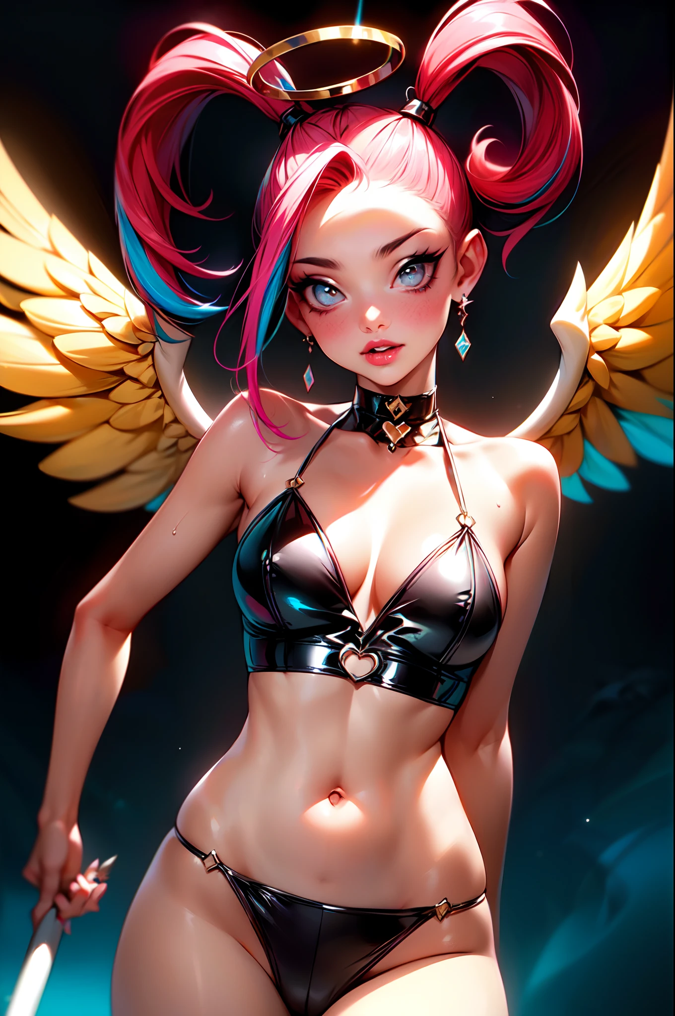 (Obra maestra:1.2), La mejor calidad, (illustration:1.2), (add_detail:1),(Ultra detallado), sexy, Enfoque ocular, (Resplandor magistralmente elaborado, Destello de lente rosa), (cinematic background), hiper detalles, (Detalle delicado) , (Detalles intrincados), Renderizado de octanaje, HDR, (hiper detallado:1.15), (Luz suave:1.2), 1girl, ,(cinematic masterpiece),(dynamic:1.2), tetas grandes, Estallidos de color absolutamente audaces, (Cinematic headlight),((caustic)), Dynamic Angle, Hermoso brillo detallado, ambient-occlusion, Luz ambiental, Reflejos trazados por rayos,((CinematicLight)), (Suave:1.8), (Nefilim:1.2), , , sexy, splendid, cuerpo perfecto, ojos sexys, boca sexy, Gotas de pintura arco iris, al aire libre, (cabello multicolor bioluminiscente:2),(ojos brillantes),(ojos sexys y boca sexy), ((maquillaje)) ,halo, cuernos de demonio, Ala de demonio, Alas en la espalda, medio demonio, Orejas de demonio, Alas negras, (Aura radiante), (Half Angel), sexy, seductor, Manos perfectamente dibujadas, 4 dedos, 1 pulgar, Forma realista de la mano