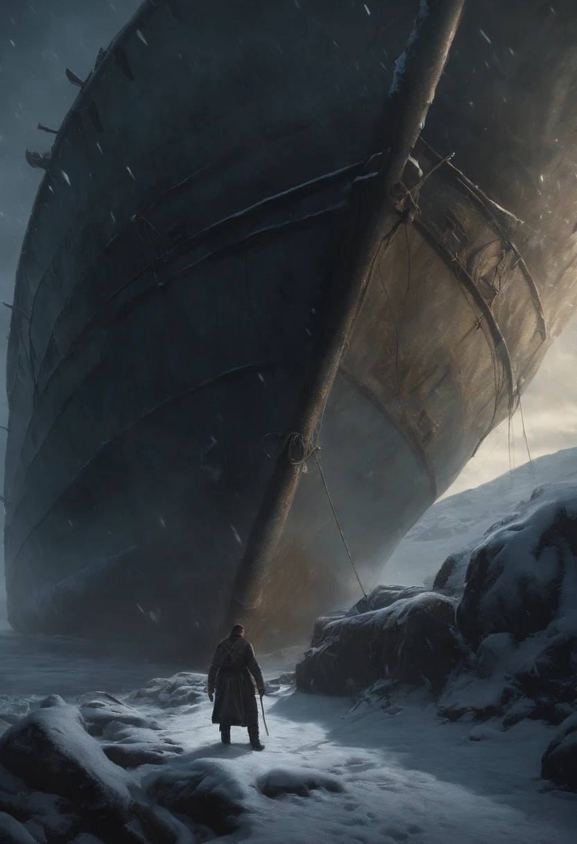 crew, freeze to death, Standing inside an old ship in the middle of the sea. The boat was covered in snow, Evoke an eerie desolate atmosphere. The expression of the crew is stoic and solemn, As if frozen in time. Details of his face, Including his eyes, nase, and lips, beautiful with detail, Capture the essence of his struggle in harsh environments. The medium used to depict this scene is an oil painting, Add depth and texture to the image. The lighting is dim, Cast a long shadow,Enhance the mysterious and haunting atmosphere. The overall quality of the image is of the highest level, With ultra-detailed features and realistic touches. The color is soft and cold, Emphasize the icy nature of the surroundings. The prompt sums up the tragic story of this crew member,And invite Steady Diffusion to bring this scene to life with its advanced image generation capabilities.