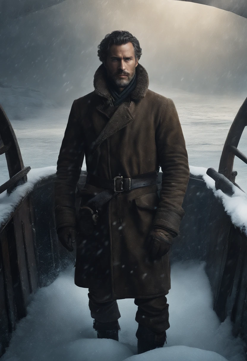 crew, freeze to death, Standing inside an old ship in the middle of the sea. The boat was covered in snow, Evoke an eerie desolate atmosphere. The expression of the crew is stoic and solemn, As if frozen in time. Details of his face, Including his eyes, nase, and lips, beautiful with detail, Capture the essence of his struggle in harsh environments. The medium used to depict this scene is an oil painting, Add depth and texture to the image. The lighting is dim, Cast a long shadow，Enhance the mysterious and haunting atmosphere. The overall quality of the image is of the highest level, With ultra-detailed features and realistic touches. The color is soft and cold, Emphasize the icy nature of the surroundings. The prompt sums up the tragic story of this crew member，And invite Steady Diffusion to bring this scene to life with its advanced image generation capabilities.