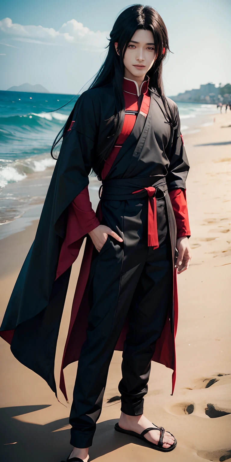 1male, uchiha madara in anime naruto, long hair , black hair, red eyes, handsome, smile, red clothes, realistic clothes, detail clothes, beach city background, ultra detail, realistic