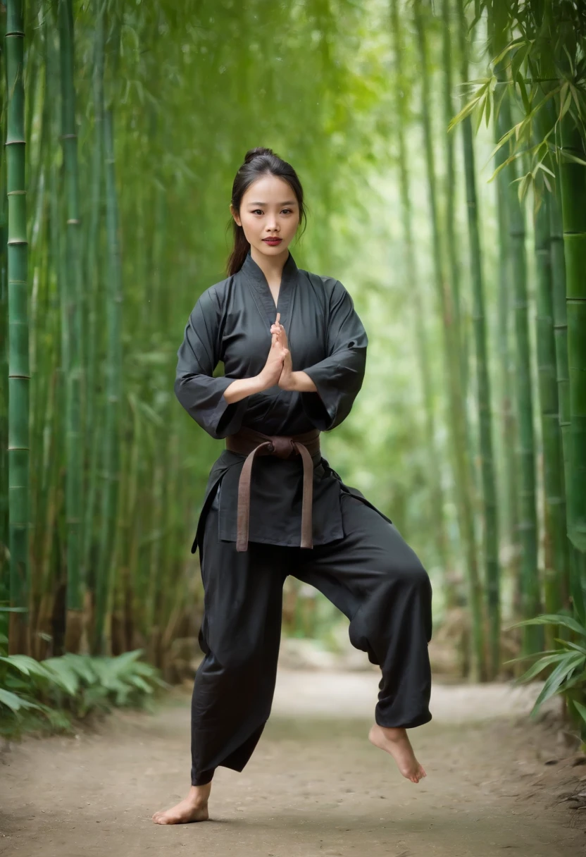 arafed woman in black and white outfit doing a karate pose, martial art pose, inspired by Ma Quan, in a bamboo forest, inspired by Liao Chi-chun, martial artist dryad, inspired by Gong Kai, traditional tai costume, fighter pose, of bamboo, portrait of combat dancer, taoist master, in a fighting pose, inspired by Miao Fu