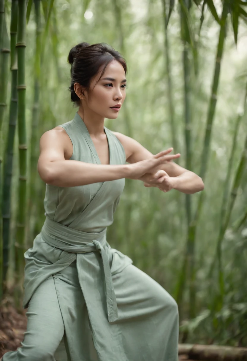 1 woman, 35 yo, Thick body, kung fu, green bamboo forest, surrounded by rain, illustration style, motion blur, long exposure fullbody, exquisite facial features, Chinese styleink style, martial arts style, selective focus, panorama, (Bokeh:1.5)