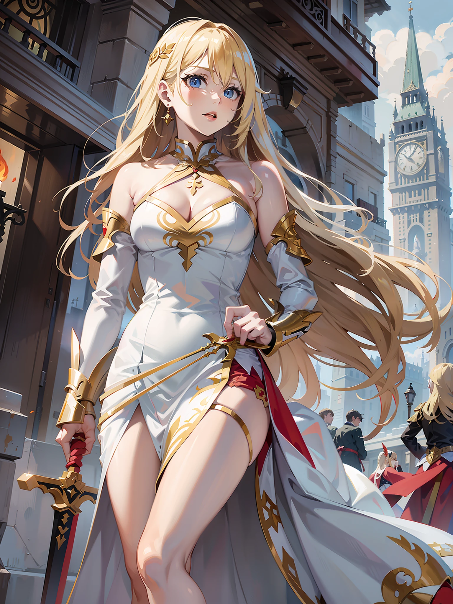 blonde-white girl with long hair, Dressed in a dress with red and gold，Towering buildings，Wear high heels，Sword in hand，（best qualtiy：1.4， （tmasterpiece：1.3），White stockings, (perfect anime illustration), her sword is surrounded by fire, (anime illustration), her hand is free, her dress is flowing down towards the ground