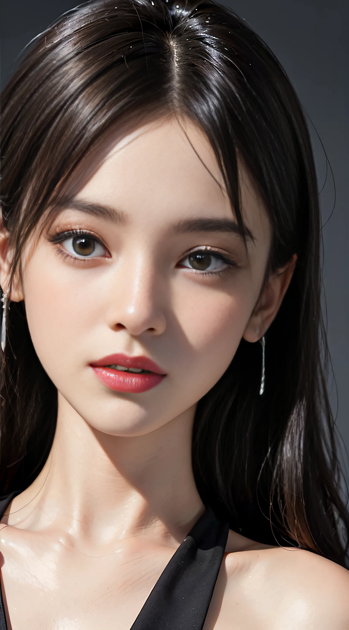 ((masterpiece:1.4)、(top-quality:1.4)、(reallistic:1.7))、masuter piece:1.4、Kawaii Girl、Portrait photo of a girl、Close-up photos、Upper body photography、beautiful countenance、kawaii faces、A detailed eye、Draw the eyes clearly, Beautiful and attractive eyes、beautidful eyes、Narrow waist、poneyTail、Raw photo、red-lips、1 screen display、