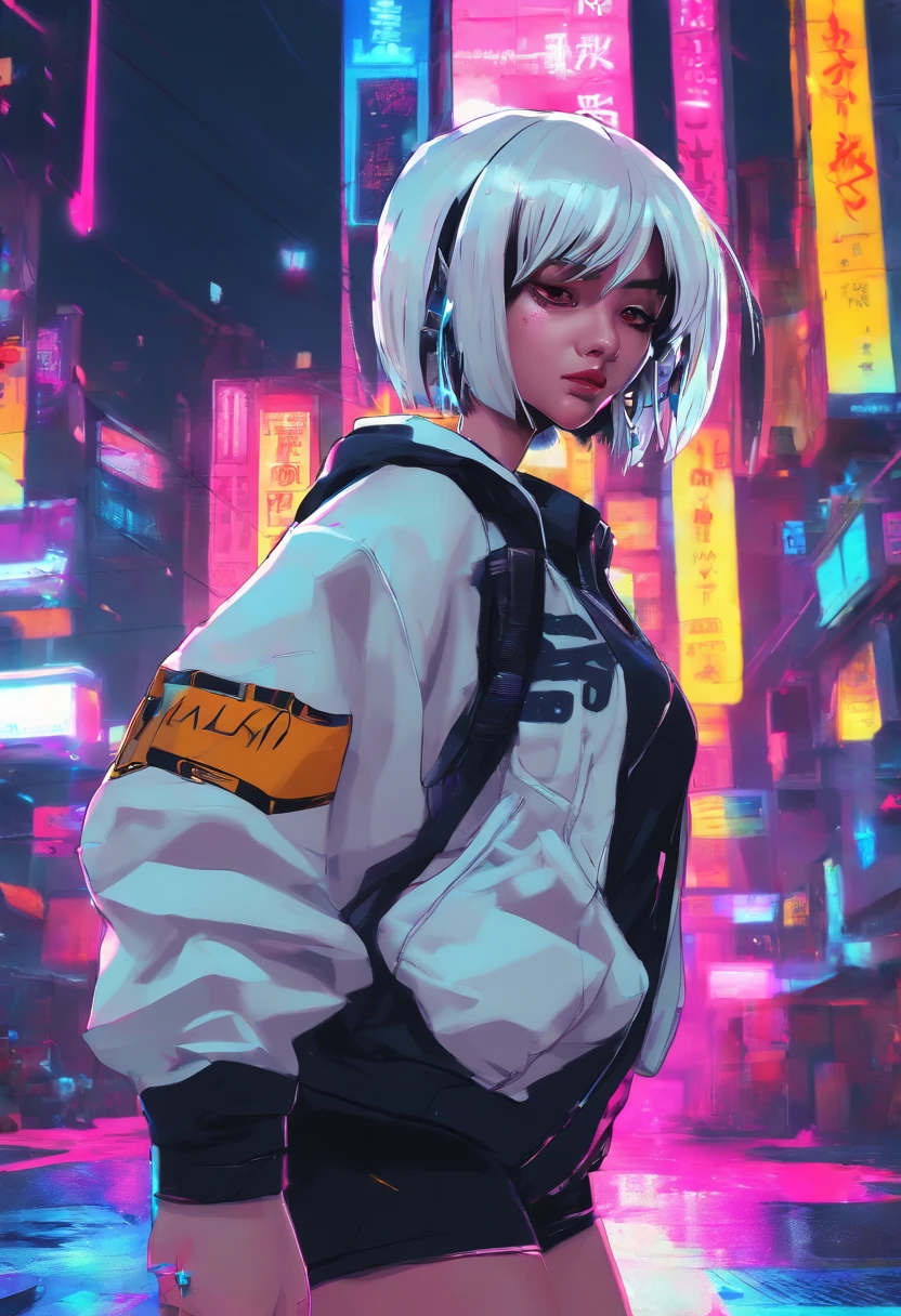 super detailed, Panda-headed girl in white T-shirt in the cyberpunk town of Takatsuki. white hair, amarelo colourfull