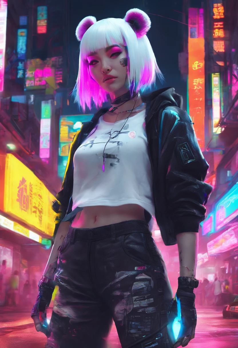 super detailed, Panda-headed girl in white T-shirt in the cyberpunk town of Takatsuki. white hair, amarelo colourfull