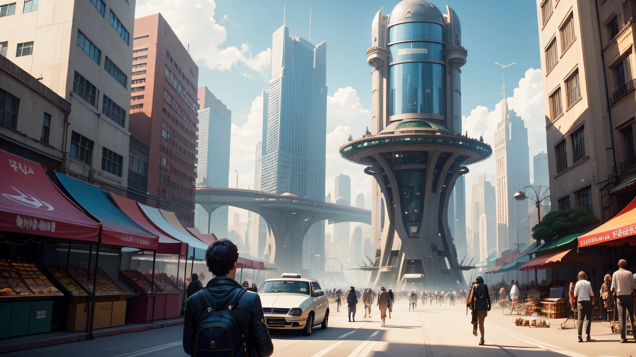 "Time travelers discover a hidden portal,And step into a bustling futuristic city, Filled with flying cars and holographic ads.It is lined with bazaars"