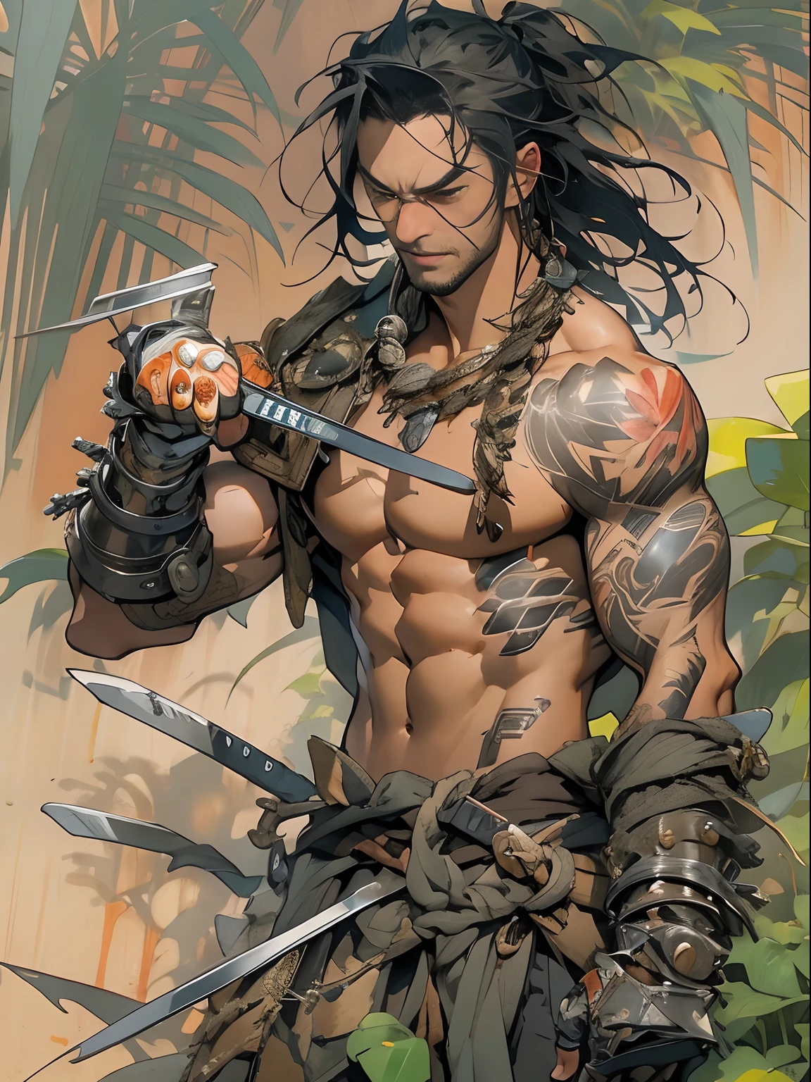 (((mtu))), (((best qualityer))), (((tmasterpiece))), (((AS-Adult))), ((( Japanese ))), Look up from your knees, Handsome Asian samurai,perfect body figure, Modern samurai, ((( Asian))), Wear gloves on your hands,The left arm is made of steel and metal tips,Made of protective devices, The eyes are pulled, (( Appears below the chest )), (( Small dental floss )), Simon Bisley, Almost naked(Simon Bisley)Castle City Wilderness,For high-resolution posters, hair straight, Minimum clothing, armure (Crazy clothes ), Full of tips and rivets, tribal tattoos, (((full bodyesbian))), Straight brunette hair,Colored hair ends