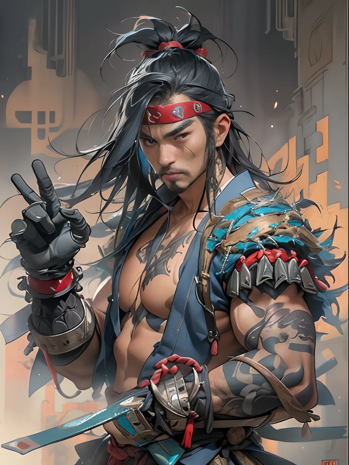 (((mtu))), (((best qualityer))), (((tmasterpiece))), (((AS-Adult))), ((( Japanese ))), Look up from your knees, Handsome Asian samurai,perfect body figure, Modern samurai, ((( Asian))), Wear gloves on your hands,The left arm is made of steel and metal tips,Made of protective devices, The eyes are pulled, (( Appears below the chest )), (( Small dental floss )), Simon Bisley, Almost naked(Simon Bisley)Castle City Wilderness,For high-resolution posters, hair straight, Minimum clothing, armure (Crazy clothes ), Full of tips and rivets, tribal tattoos, (((full bodyesbian))), Straight brunette hair,Colored hair ends