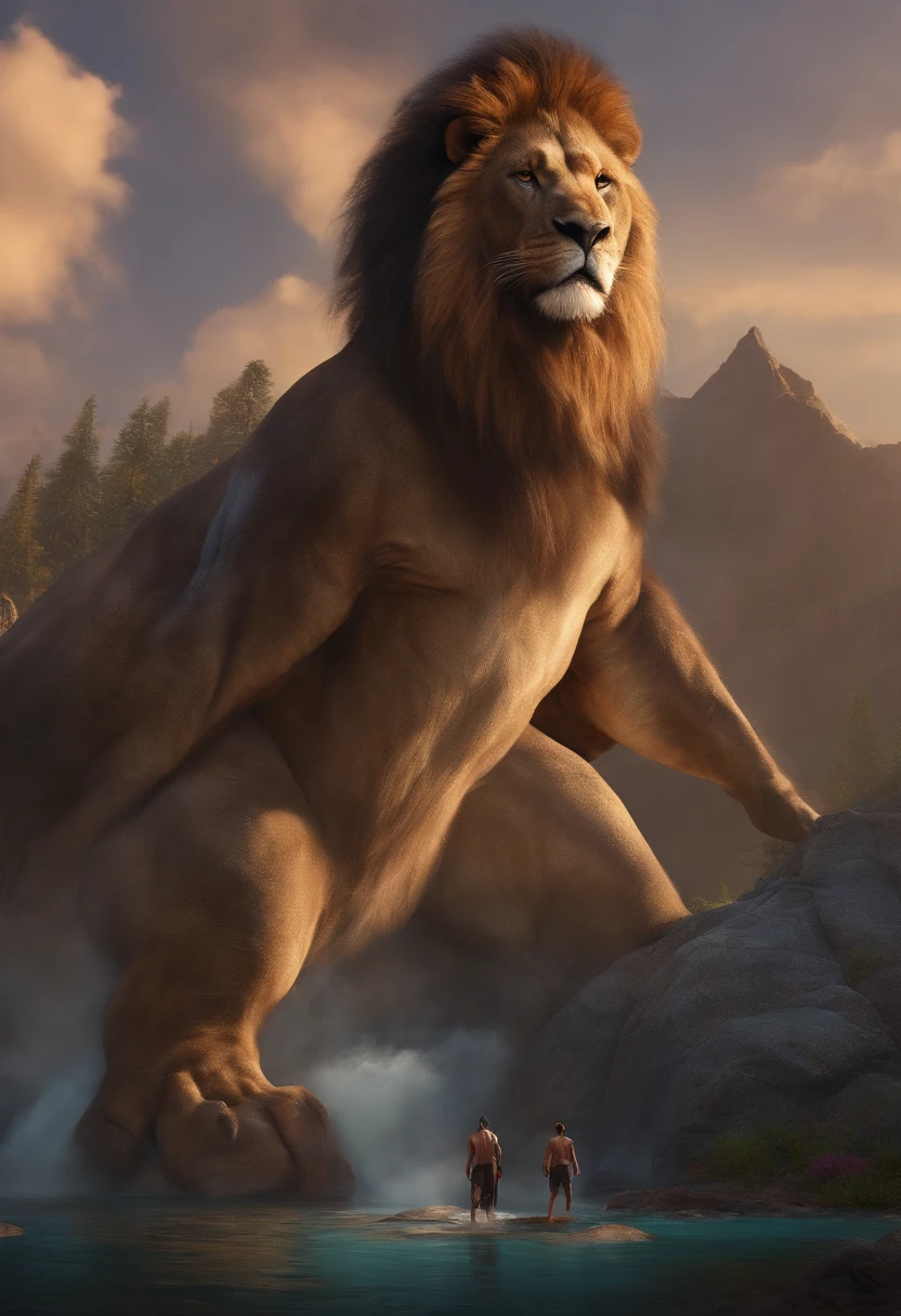 ultra-detailed, masterpiece, masterwork, high quality, best quality, hdr, (nature), nsfw, male, solo, lion, ((nude)), (little body lion), (long hair, yellow eyes), squatting, dynamic angle, (micropenis, foreskin, perfect balls), public hair