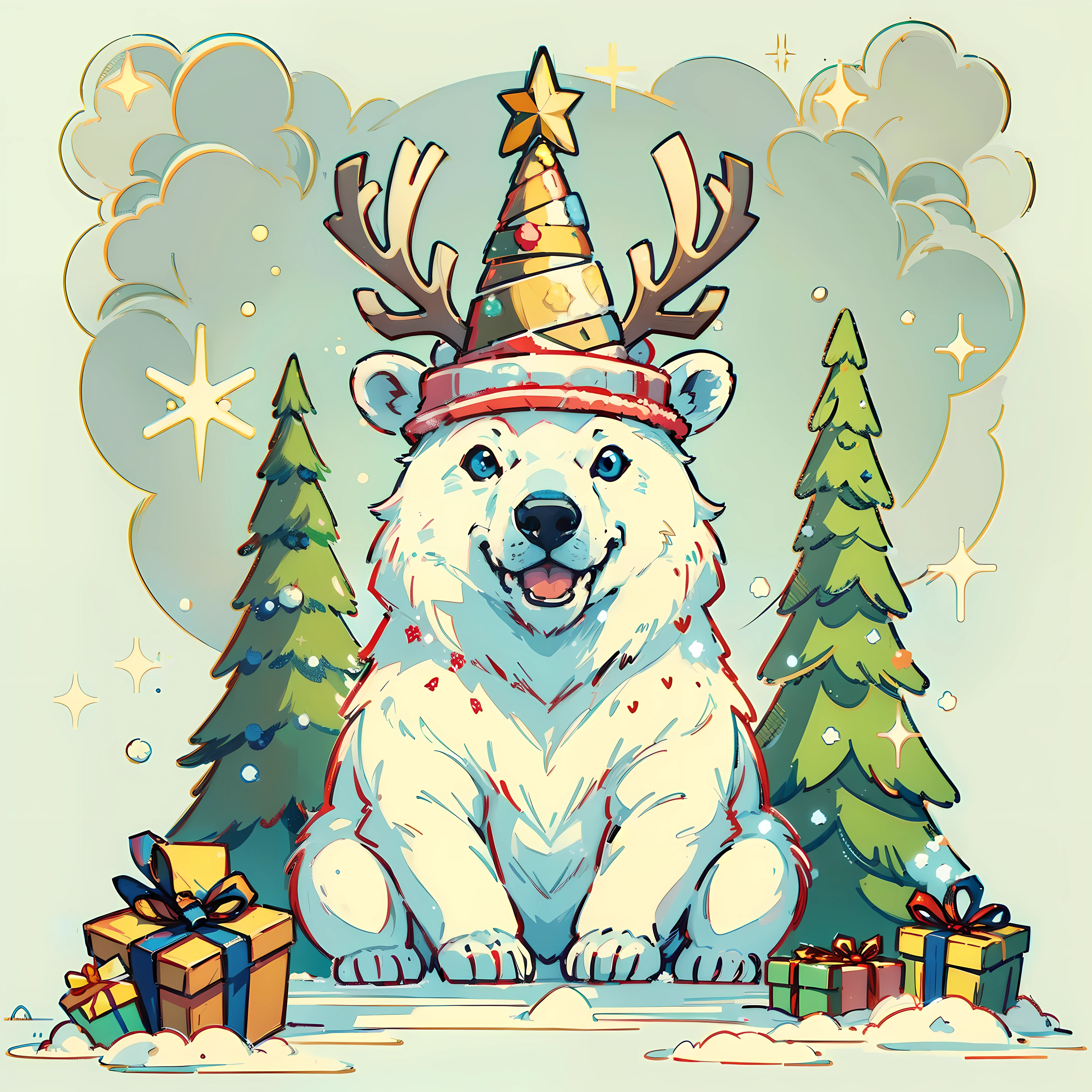 "cute Polar Bear smile wearing a reindeer hat and a bow tie, pine tree Snow behind, merry Christmas style, ultra-high detail, (((white background))), cartoon Style, vector illustration, high quality, 12k, solid colors, ornate, 6 warm colors, sticker design, professional t-shirt design, vector t-shirt art ready to print, (Masterpiece, Best Quality, Highres:1.4)"