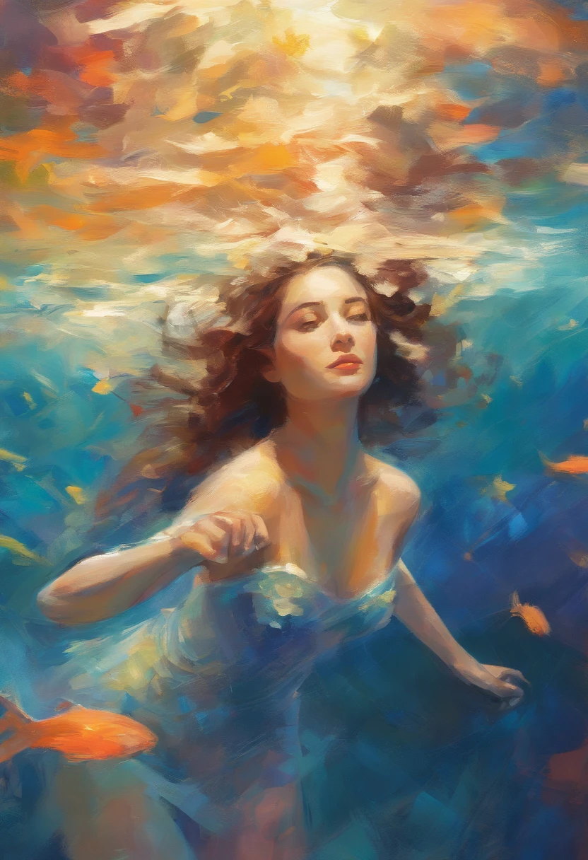 An impressionist oil painting of a beautiful woman, no clothes, swimming underwater, No fundo do mar, , sua pele captando raios de luz na luz