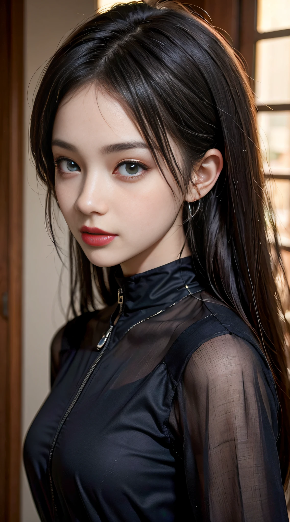 ((masterpiece:1.4)、(top-quality:1.4)、(reallistic:1.7))、masuter piece:1.4、Kawaii Girl、Portrait photo of a girl、Close-up photos、foco nítido、Upper body photography、beautiful countenance、kawaii faces、A detailed eye、Draw the eyes clearly, Beautiful and attractive eyes、beautidful eyes、Narrow waist、poneyTail、Raw photo、red-lips、1 screen display、