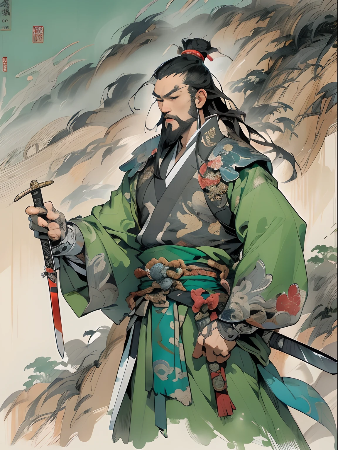 (((China-style，Ink painting method，Half-length portrait，Intense color，Han dynasty, China，Hanfu，Armor，Guan yu，Guan Yunchang，of a guy，Ruddy killing square face，Hold the Blue Dragon Moon Knife in his right hand，Stroke your beard with your left hand，Long hair，petty eyes，Green robe))), (((best qualityer))), (((tmasterpiece))), (((AS-Adult))), ((( Japanese ))), Look up from your knees, Handsome Asian samurai，perfect body figure, Modern samurai, ((( Asian))), Wear gloves on your hands，The left arm is made of steel and metal tips，Made of protective devices, The eyes are pulled, (( Appears below the chest )), (( Small dental floss )), Simon Bisley, Almost naked（Simon Bisley）Castle City Wilderness，For high-resolution posters, hair straight, Minimum clothing, armure (Crazy clothes ), Full of tips and rivets, tribal tattoos, (((full bodyesbian))), Straight brunette hair，Colored hair ends