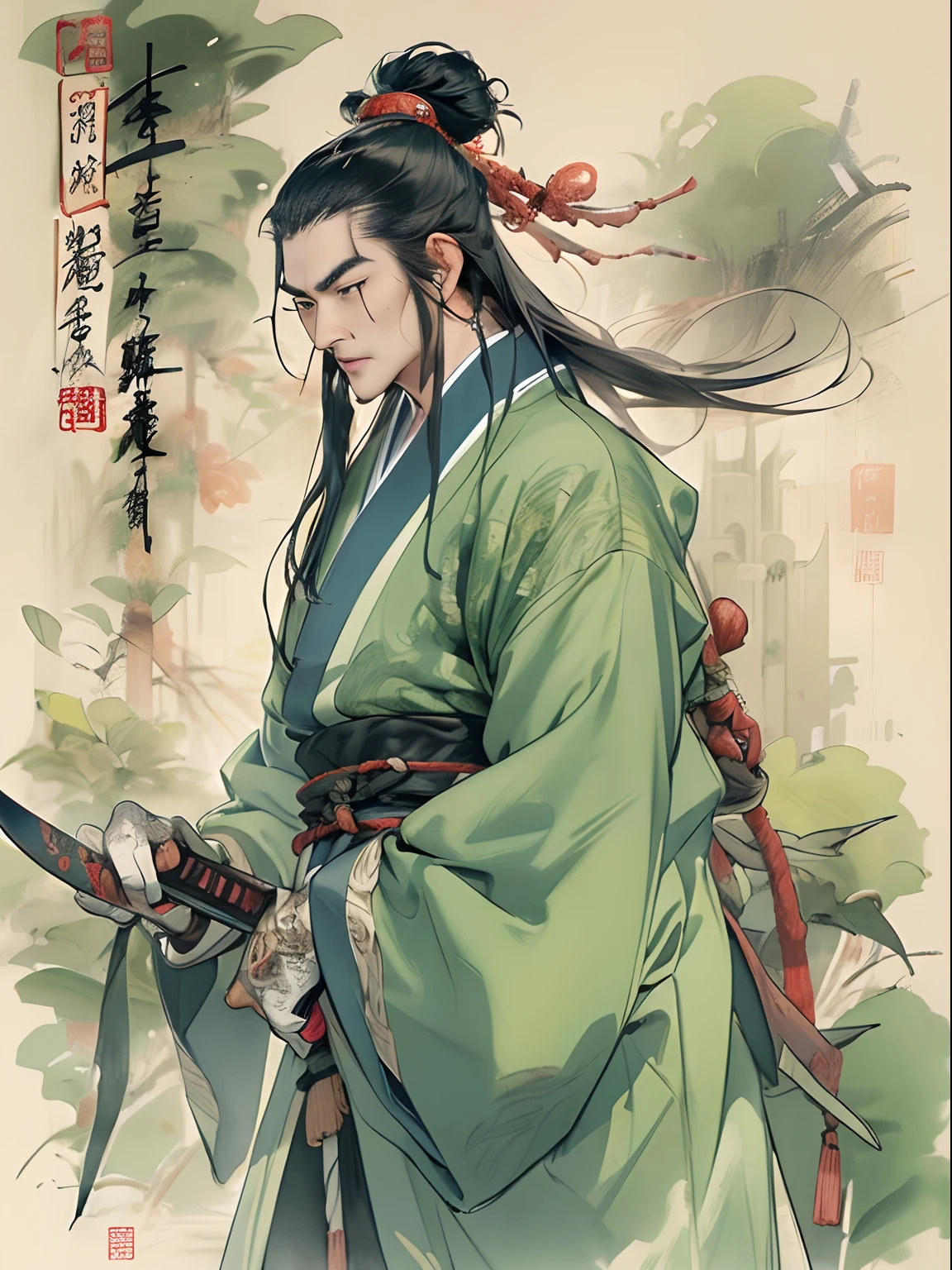 (((China-style,Ink painting method,Half-length portrait,Intense color,Han dynasty, China,Hanfu,Armor,Guan yu,Guan Yunchang,of a guy,Ruddy killing square face,Hold the Blue Dragon Moon Knife in his right hand,Stroke your beard with your left hand,Long hair,petty eyes,Green robe))), (((best qualityer))), (((tmasterpiece))), (((AS-Adult))), ((( Japanese ))), Look up from your knees, Handsome Asian samurai,perfect body figure, Modern samurai, ((( Asian))), Wear gloves on your hands,The left arm is made of steel and metal tips,Made of protective devices, The eyes are pulled, (( Appears below the chest )), (( Small dental floss )), Simon Bisley, Almost naked(Simon Bisley)Castle City Wilderness,For high-resolution posters, hair straight, Minimum clothing, armure (Crazy clothes ), Full of tips and rivets, tribal tattoos, (((full bodyesbian))), Straight brunette hair,Colored hair ends