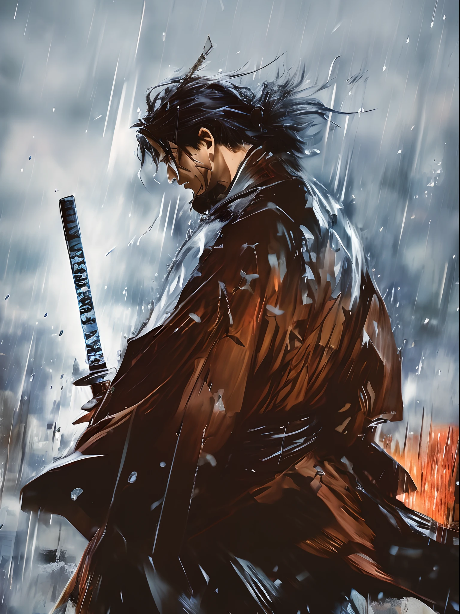 a close up of a person holding a sword in the rain, 4 k manga wallpaper, hq 4k phone wallpaper, 4k anime wallpaper, inspired by Kanō Sanraku, badass anime 8 k, miyamoto musashi, tsutomu nihei art, from kenshin, anime wallpaper 4 k, anime wallpaper 4k
