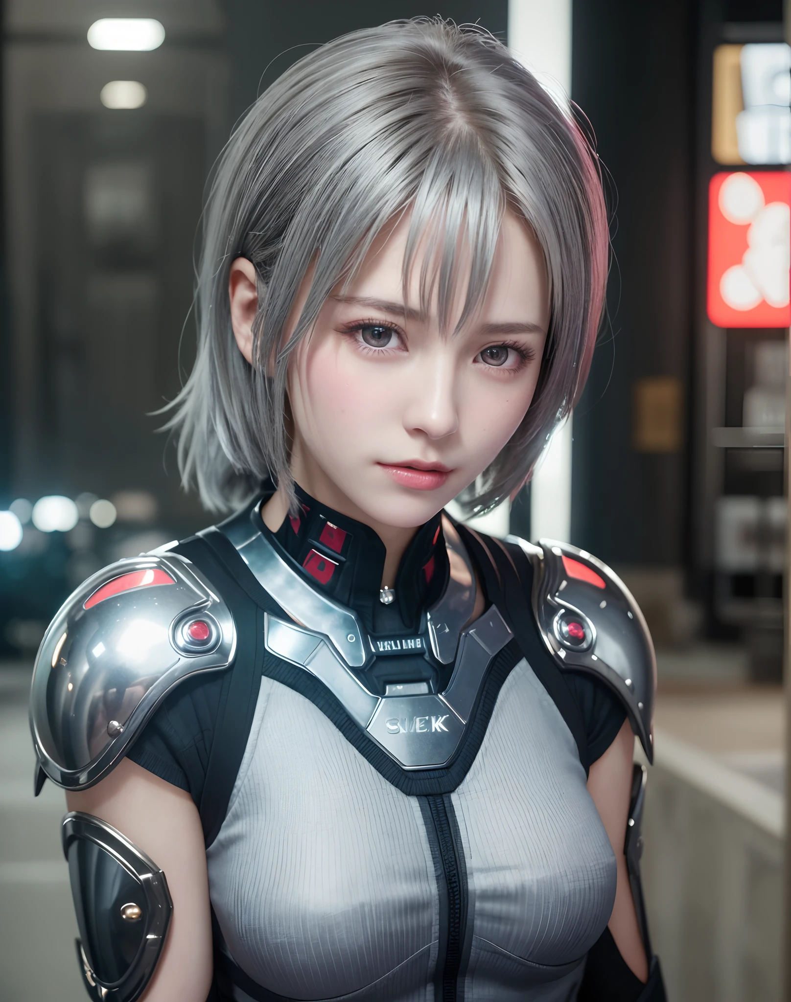 (8K, Photorealistic, Raw photo, of the highest quality: 1.3), (1girl in), Super beautiful, (Realistic face), (boyish, Silver Color Berry Shorthair), Beautiful cyberpunk suit, Glare that captivates the viewer, Beautiful expression, Beautiful breasts, (Realistic skin), Beautiful...
