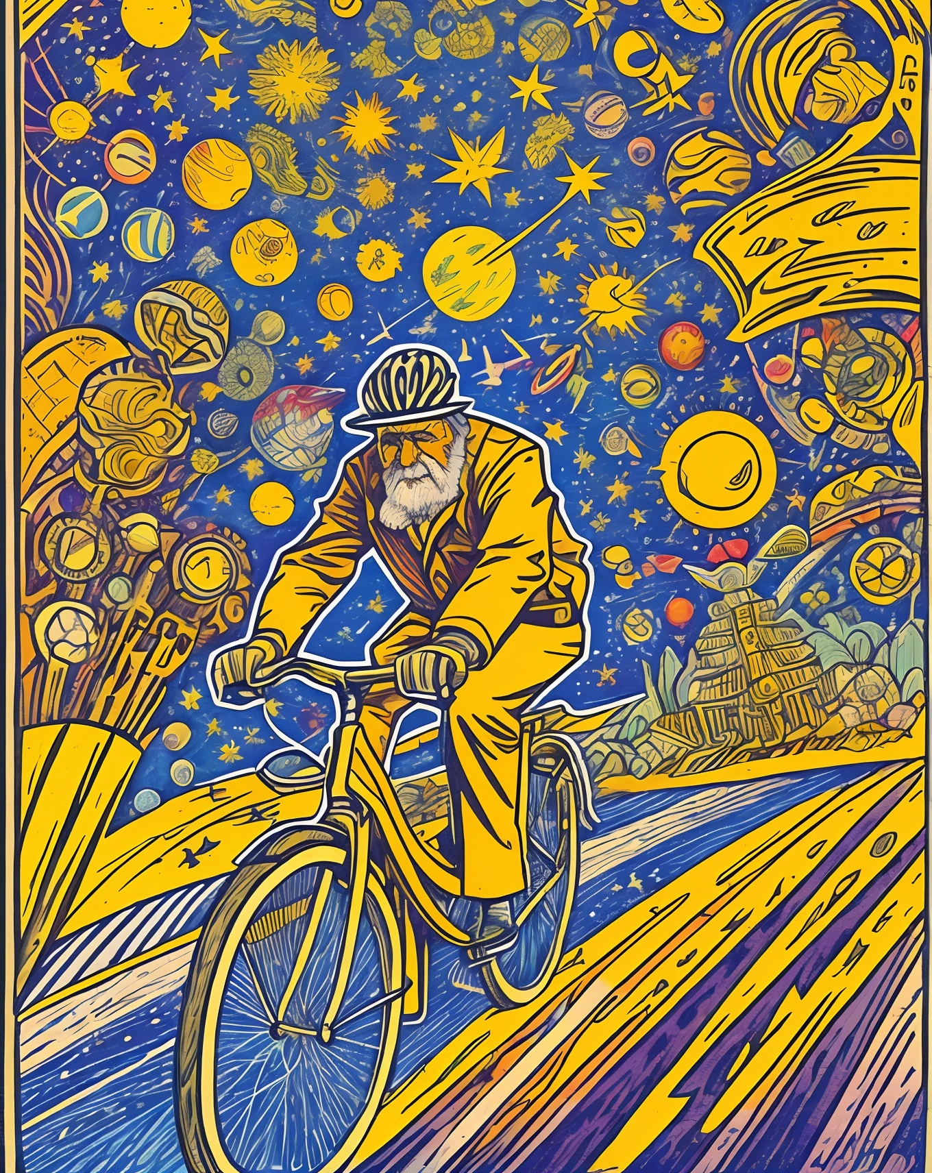 thrid person view of an old man riding a bicycle into the nature, time and space, palnets, solar system and sun;  blotter art --auto --s2