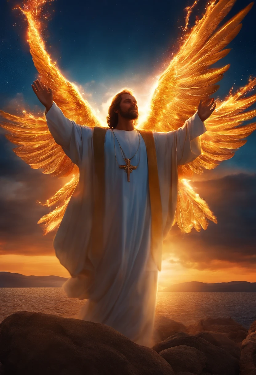 obra-prima, melhor qualidade, Deus, Jeus, holy spirit , floating into the sky, close-up, brilhante, feliz, Soft lighting and Warm, sun sunset, fire (Sparks: 0,7)