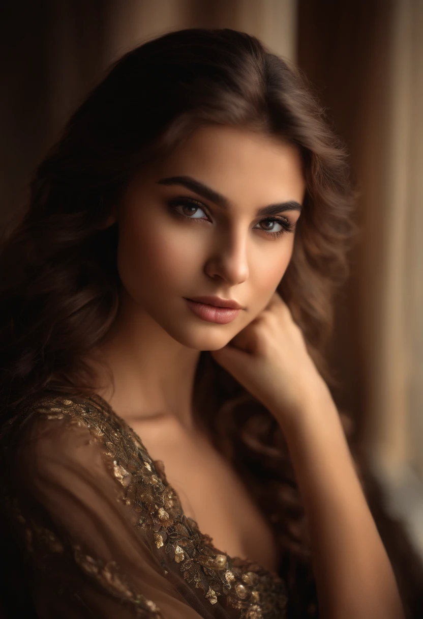 A slim Maghreb girl with an hourglass and ample silhouette, realistic breasts.