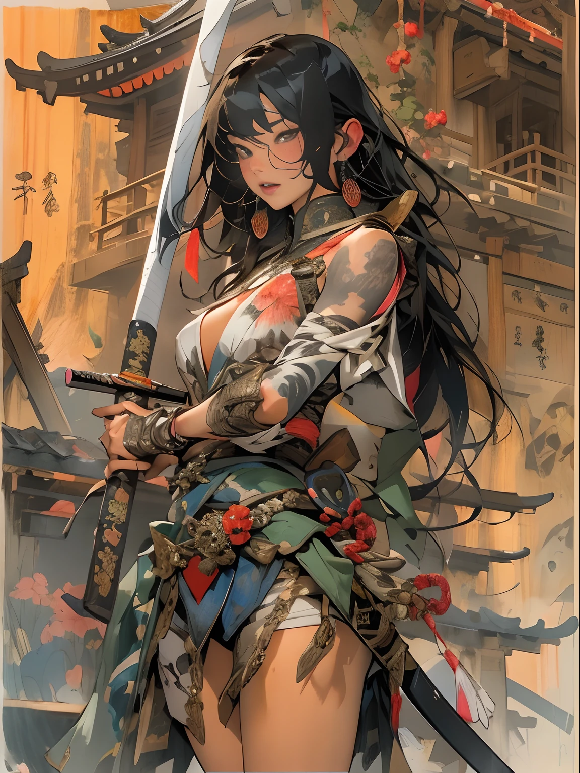 (((woman))), (((best qualityer))), (((tmasterpiece))), (((AS-Adult))), ((( Japanese ))), Look up from your knees, A beautiful asian samurai woman with perfect body, Modern samurai, ((( Asian))), Wear gloves on your hands，The left arm is made of steel and metal tips，Made of protective devices, The eyes are pulled, (( Appears below the breast )), (( Small dental floss )), Simon Bisley, Almost naked（Simon Bisley）Castle City Wilderness，For high-resolution posters, hair straight, Minimum clothing, armure (Crazy clothes ), Full of tips and rivets, tribal tattoos, (((full bodyesbian))), Straight brunette hair，Colored hair ends