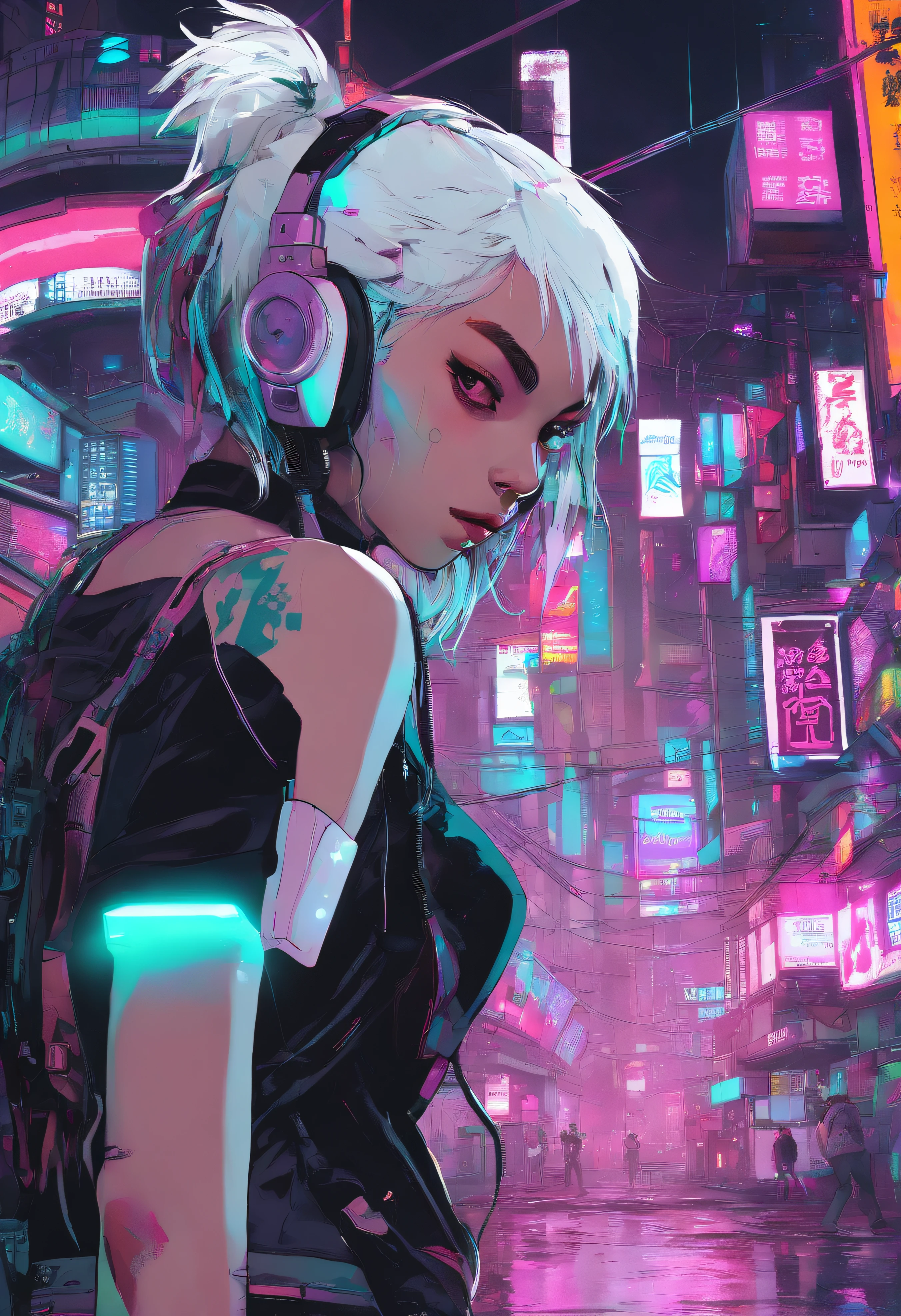 super detailed, Panda-headed girl in white T-shirt in the cyberpunk town of Takatsuki. white hair,　amarelo　colourfull