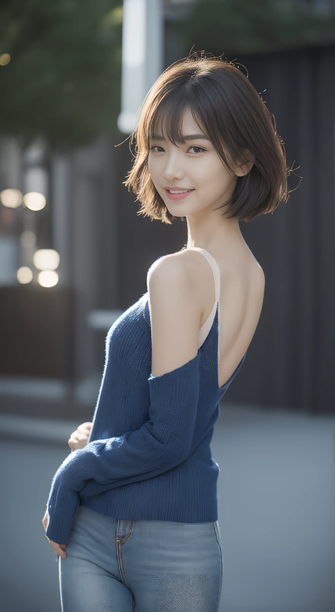 (skin blemish:1.2), (skin indentation), dark circles, 1womanl, 25 age old, (((woman))), Solo, Realistic, Best quality, Photorealistic, Mastery, 8K, A high resolution, Solo, Extremely detailed face, (Professional lighting，Bokeh），（light particules，lens flare glow，Luminous Particle：0.6），（dynamicposes：1.2），gentlesoftlighting，Top corner view，Trendy atmosphere，jpn，the street，城市，toyko，ports，（（In the daytime)), Skysky, ((looking at viewert:1)), (looks into camera), opulent, lovemaking，Dignified standing，Show the golden ratio of the body，The posture is diverse, keep original facial proportion, Shave your shoulders, full bodyesbian, (Bigchest), (short detailed hair，bobo head), A brown-haired, Hair is delicate and soft，Fluttering, cparted lips, lipsticks, Seductive smile, ssmile, Open-mouthed, teeth, (Blue skinny sweater), (Wash blue）（skintight jeans),detailed outfits:1.5， eyeslashes, birthmark, (Moles under eyes: 1),Legs are well-proportioned, Slender and fair，A pair of jade feet shines，without wearing shoes，Beautiful feet，Focus on the waist and hips，Standing position，fully body photo