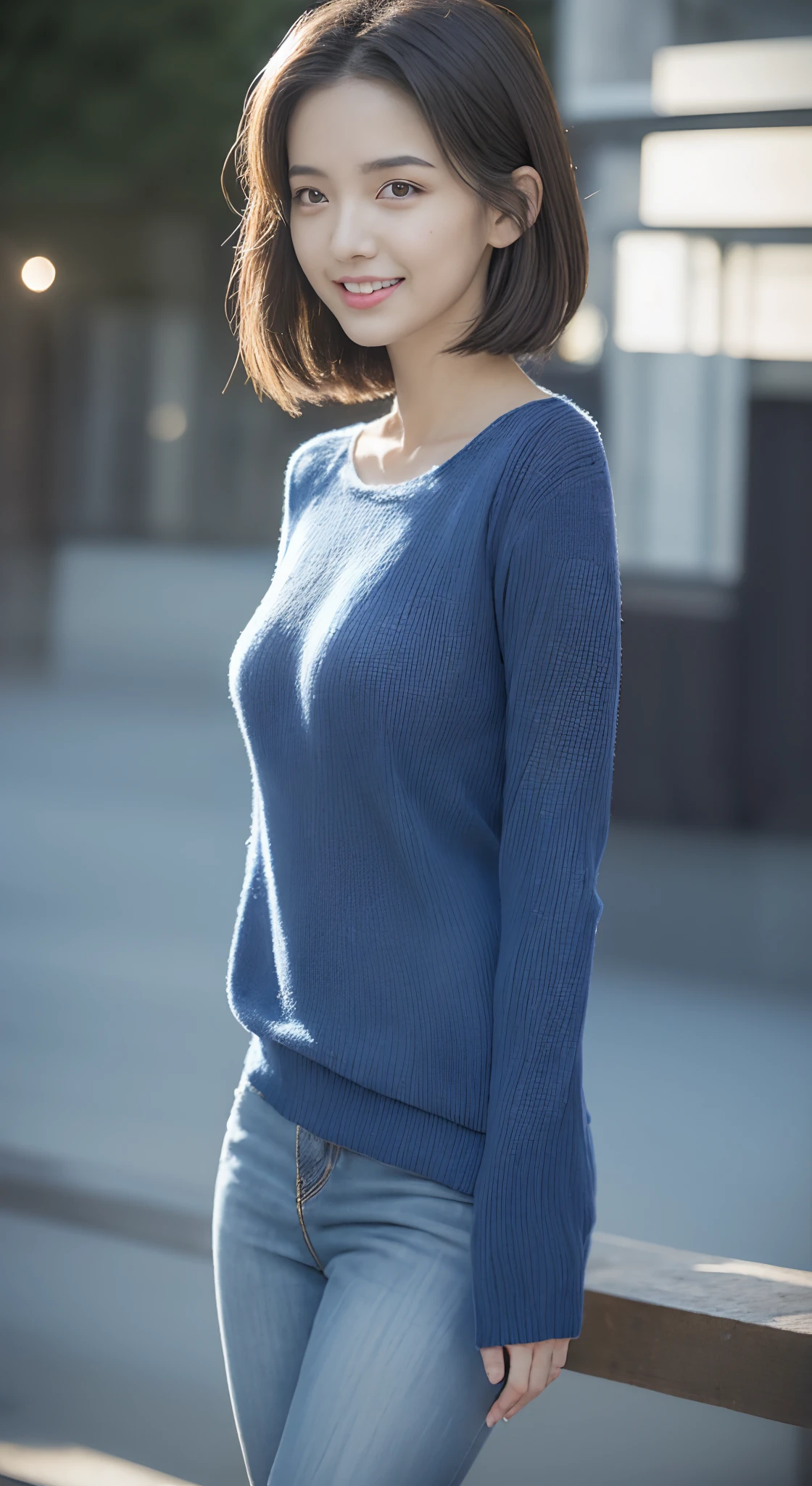 (skin blemish:1.2), (skin indentation), dark circles, 1womanl, 25 age old, (((woman))), Solo, Realistic, Best quality, Photorealistic, Mastery, 8K, A high resolution, Solo, Extremely detailed face, (Professional lighting,Bokeh),(light particules,lens flare glow,Luminous Particle:0.6),(dynamicposes:1.2),gentlesoftlighting,Top corner view,Trendy atmosphere,jpn,the street,城市,toyko,ports,((In the daytime)), Skysky, ((looking at viewert:1)), (looks into camera), opulent, lovemaking,Dignified standing,Show the golden ratio of the body,The posture is diverse, keep original facial proportion, Shave your shoulders, full bodyesbian, (Bigchest), (short detailed hair,bobo head), A brown-haired, Hair is delicate and soft,Fluttering, cparted lips, lipsticks, Seductive smile, ssmile, Open-mouthed, teeth, (Blue skinny sweater), (Wash blue)(skintight jeans),detailed outfits:1.5, eyeslashes, birthmark, (Moles under eyes: 1),Legs are well-proportioned, Slender and fair,A pair of jade feet shines,without wearing shoes,Beautiful feet,Focus on the waist and hips,Standing position,fully body photo