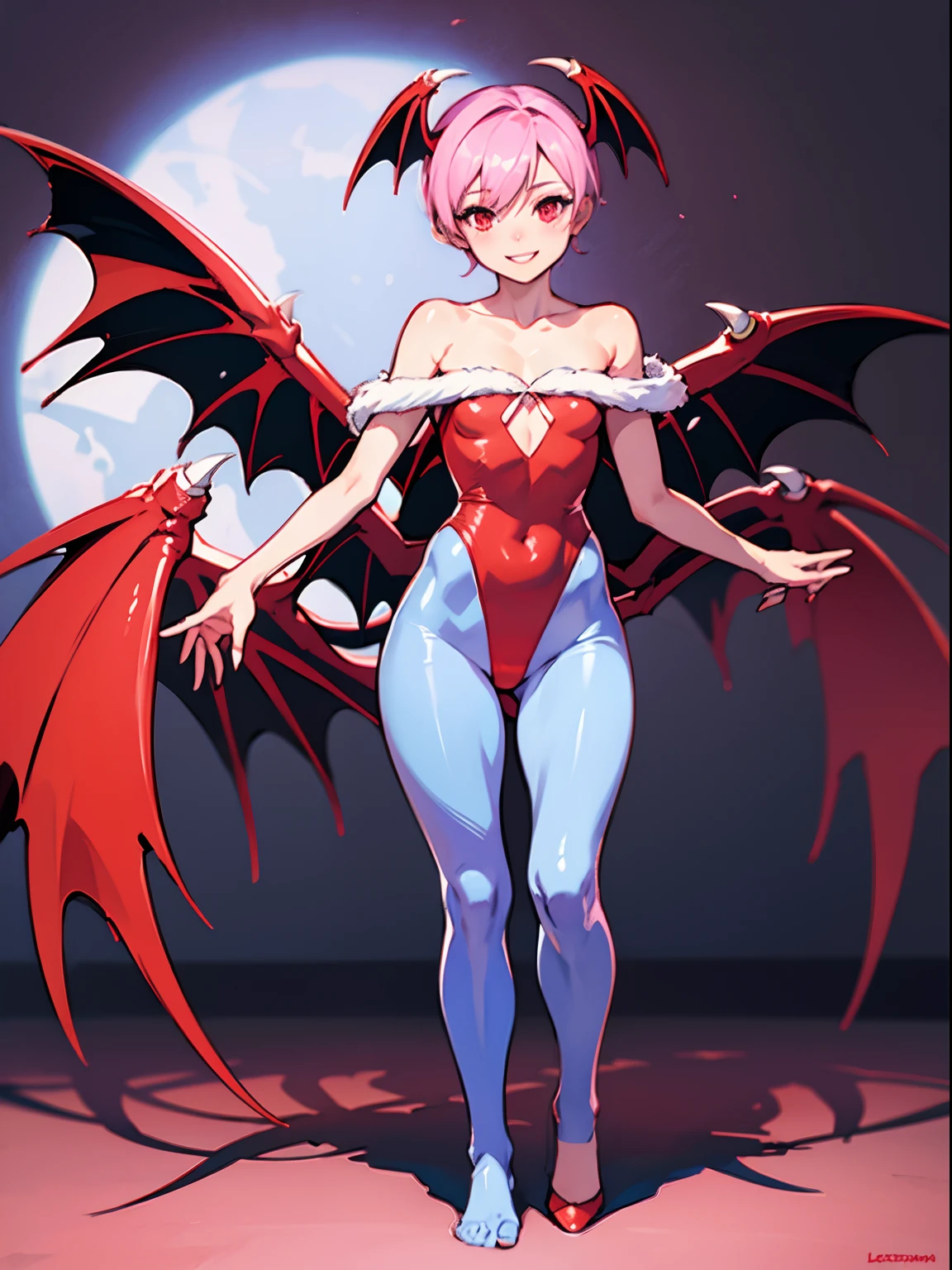 lilith aensland darkstalkers, standing, levitating, wings, pink hair, smiling, demon, leotard,, head wings, flatchest, full body, pantyhose, hornless,feet