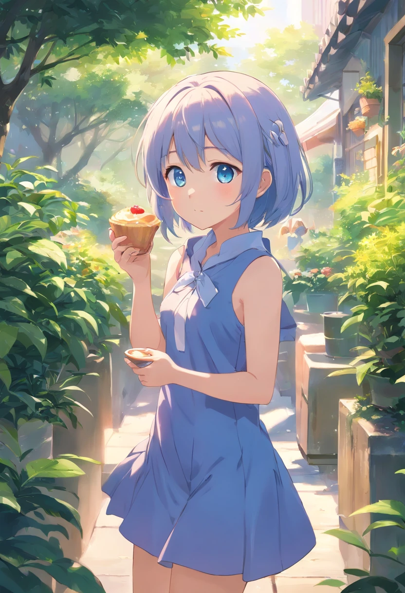 Stand in the garden、Wearing everyday clothes,silber hair,blue eyes、Cat-eared girl, Lori in dress having breakfast, small curvy loli, artwork in the style of guweiz, guweiz on pixiv artstation, guweiz on artstation pixiv, guweiz, small li girl, soft anime illustration, Anime visuals of cute girls, Detailed Digital Anime Art, (((No arm frills))), half naked
