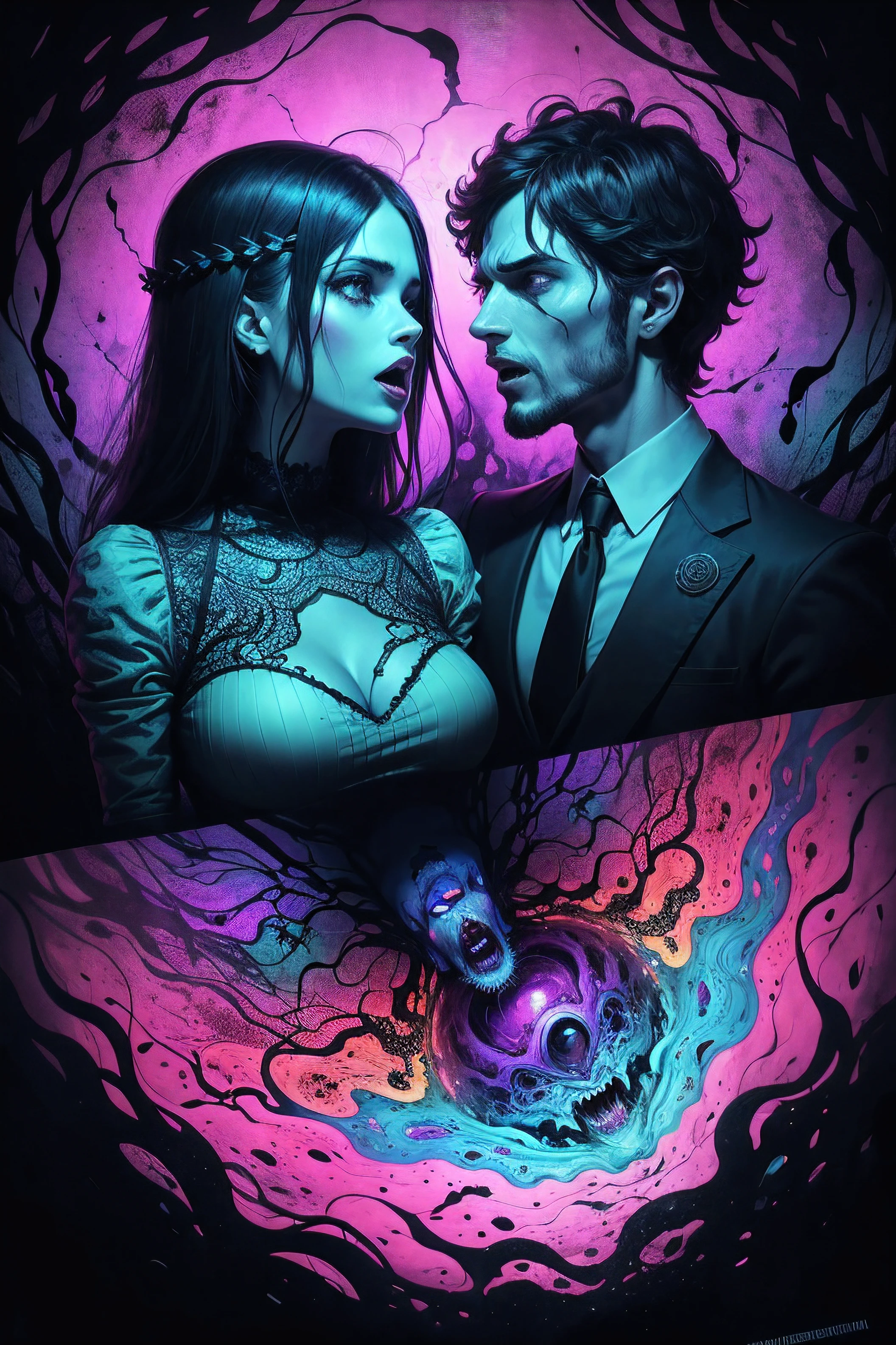 horror-themed psychedelic style a man and a woman screaming at each other, open brain, connected brain, distorted realities . vibrant colors, swirling patterns, abstract forms, surreal, trippy . eerie, unsettling, dark, spooky, suspenseful, grim, highly detailed