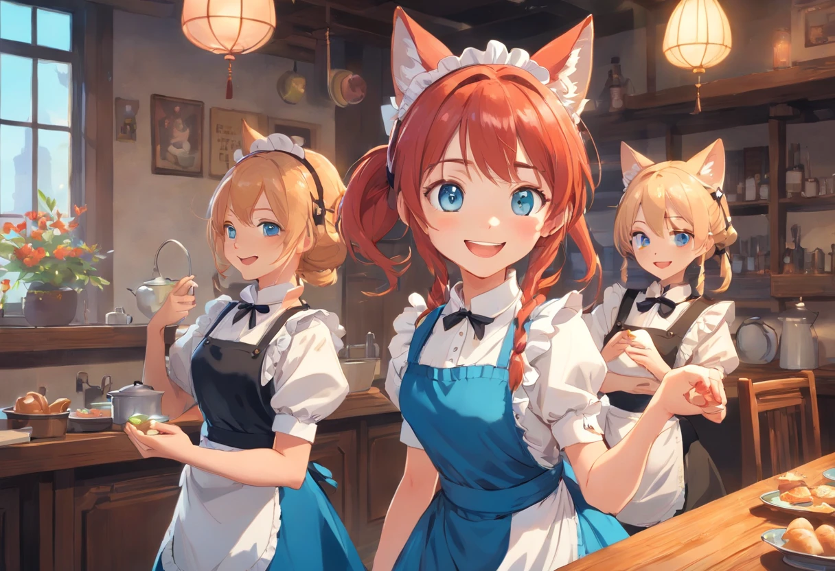 Uma sala de estar elegante, with dark wood furniture and fuzzy rugs. Ao centro da sala, There is a dining table with four chairs. Na frente da mesa, There are four girls in maid's clothes. The girl on the left is a fox. Ela tem cabelos longos e loiros, that are tied in a high ponytail. Ela tem olhos azuis brilhantes e orelhas de raposa pontudas. She's wearing a black maid's dress with a white apron.. She's smiling and waving her hand. The girl in the middle is a wolf. Ela tem cabelos curtos e pretos, that are combed back. Ela tem olhos verdes brilhantes e orelhas de lobo grandes. She's wearing a white maid's dress with a black apron. She's looking at the camera with a confident expression........ The girl on the right is a cat. Ela tem cabelos longos e roxos, that are tied in a low ponytail. Ela tem olhos verdes brilhantes e orelhas de gato pontudas. She's wearing a pink maid's dress with a white apron.. She's laughing and joking with a feather. The girl behind is a girl with vibrant red hair and deep blue eyes. Ela tem cabelos longos e lisos, that are combed back. Ela tem olhos azuis brilhantes e orelhas de elfo pontudas. She's wearing a blue maid's dress with a white apron........ She's smiling and looking at the camera. The image is illuminated by a heat, luz difusa. The general feeling is one of joy and relaxation.
