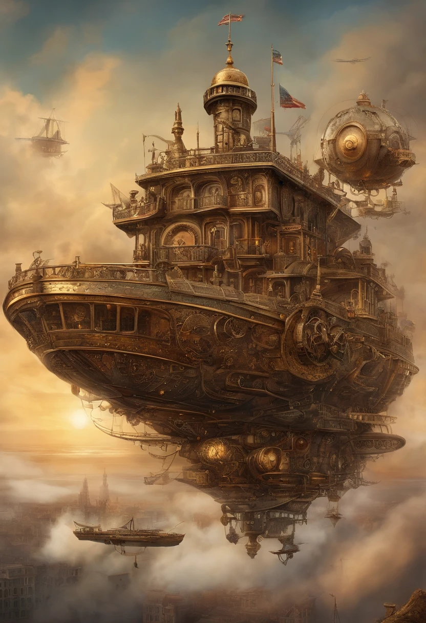 Flying battleship in the air，The cabin and bottom are inverted，With the sky and the city as the background，em estilo medieval，Balista