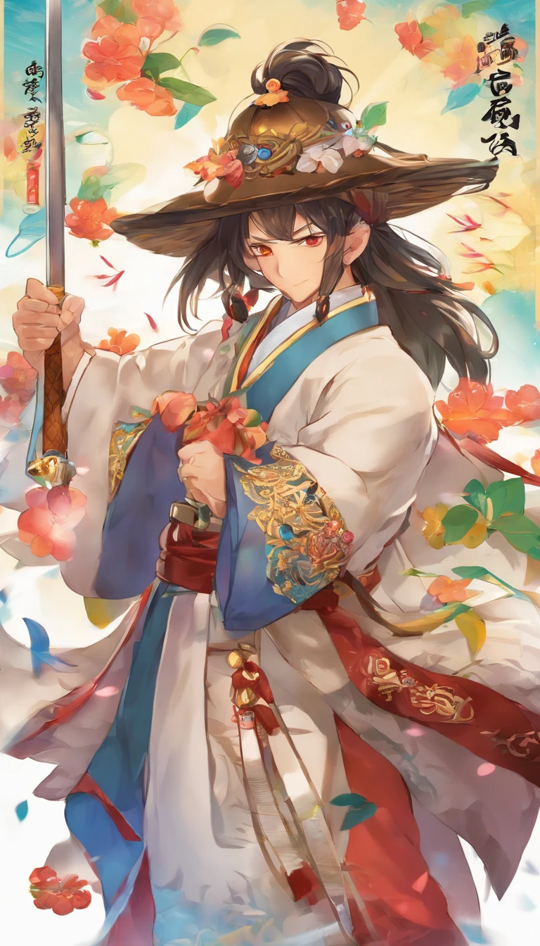 middle aged man, Evil painting style, A high resolution, Black color hair, Half is the body of a demon,Half a demon face, Chinese Warrior, Delicate three-dimensional blue flame demon face, sbeard, Wearing a hat, Expression of anger, Perfect body proportions, kaftan, Black and white robes, A scabbard hangs from his waist, Handsome, The seven-doppelganger has an unobstructed view, standing on your feet, (White background:1.3), swordsman, He held a long knife that was wide and heavy in his hand。。。。。。。。。。。。。。。。。。。。。, Face the lens, (Blackn clothes:0.8), High detail, Masterpiece, ccurate, Anatomically correct, Textured skin